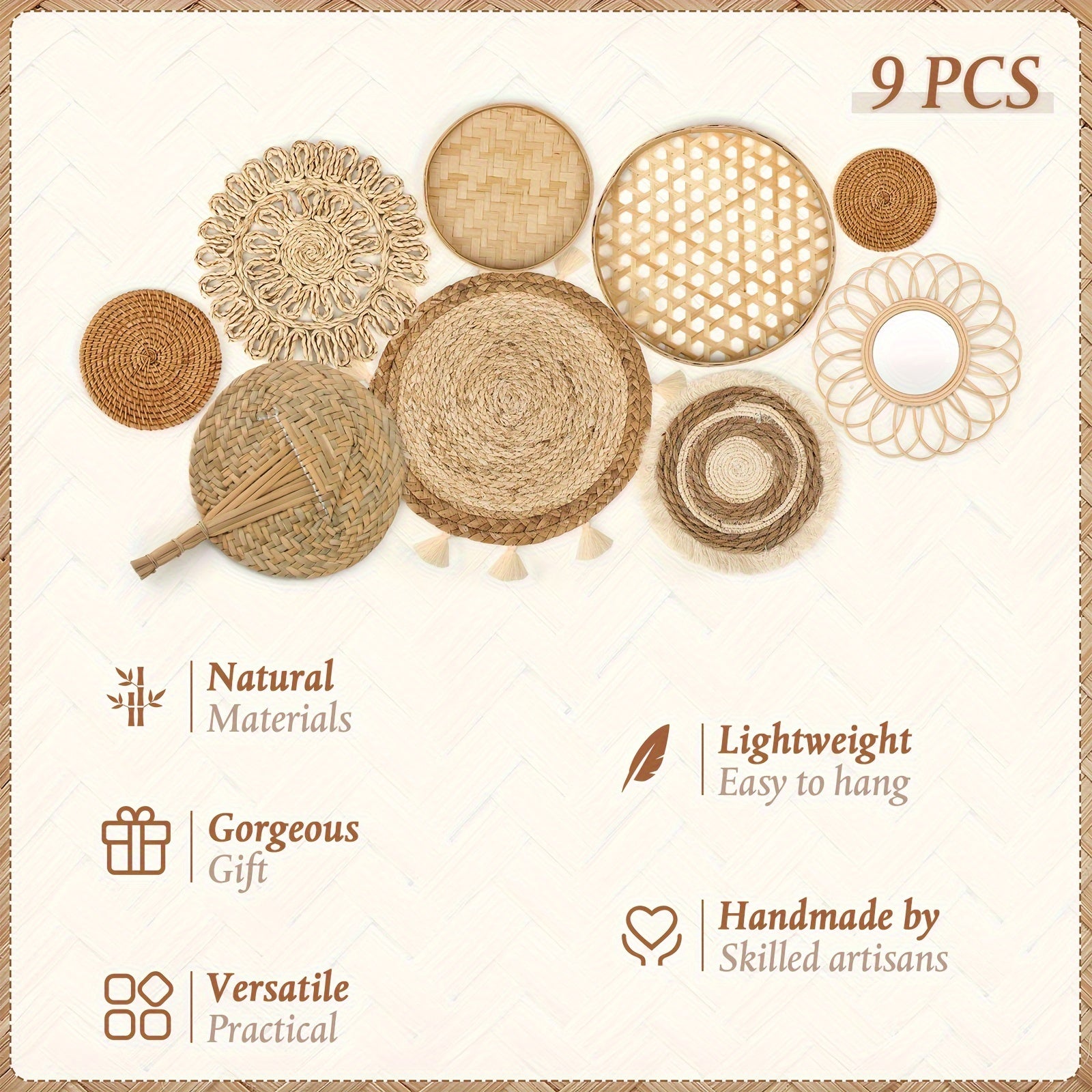 9-piece Set Wall Hanging Basket Decoration Bohemian Style Wall Hanging Decoration Rattan Wall Decoration Flat Round Wicker Mirror Woven Lace Fringe Tapestry