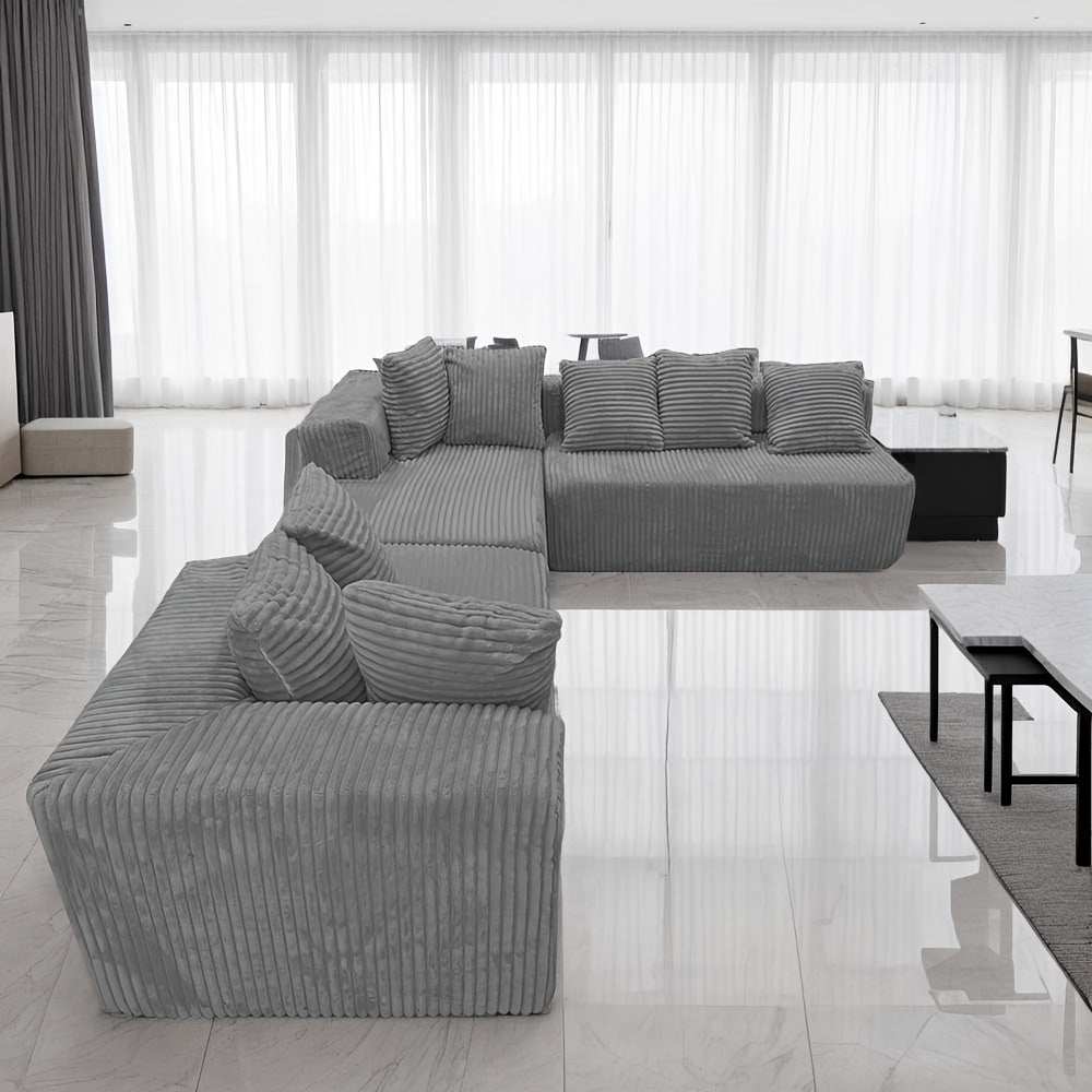 4-Seater Modular U-Shaped Sectional Sofa | Grey Striped Corduroy Upholstery, Customizable Configurations, Easy Assembly, Durable & Easy-Clean Fabric | Modern Sectional Sofa for Living Room, Apartment