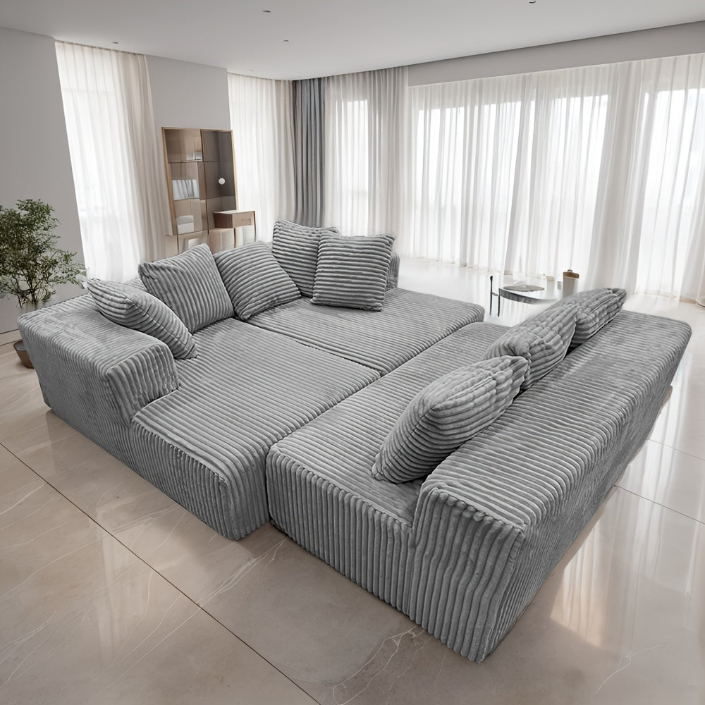 4-Seater Modular U-Shaped Sectional Sofa | Grey Striped Corduroy Upholstery, Customizable Configurations, Easy Assembly, Durable & Easy-Clean Fabric | Modern Sectional Sofa for Living Room, Apartment