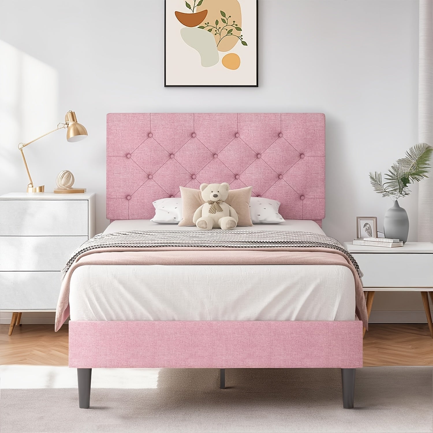 Twin/Full/Queen/King Size Bed Frame With Headboard, Linen Fabric Upholstered Bed Frame With Wood Slats(mattress Not Included), Wood Slats For Easy Assembly, Button Tufted
