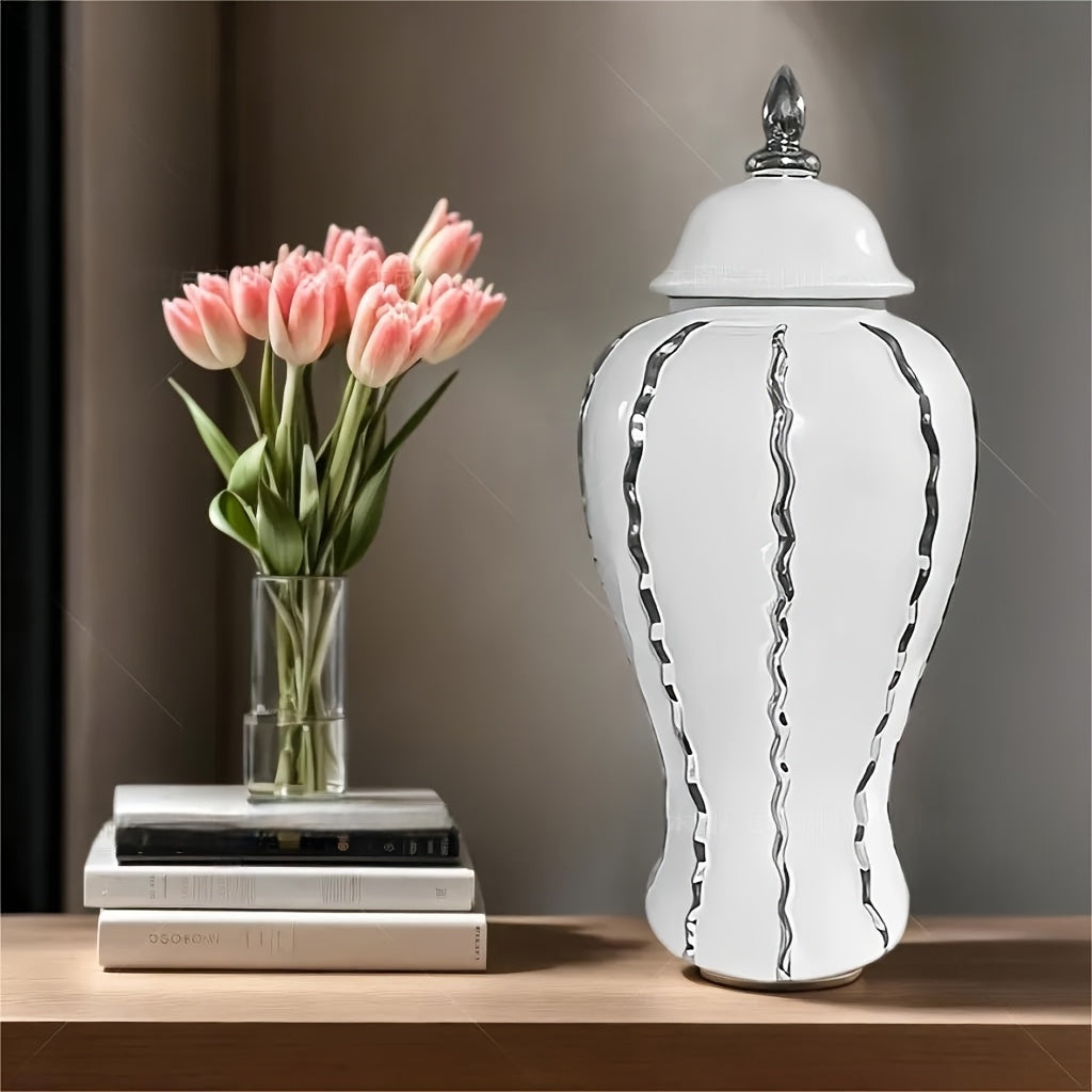 Luxurious Silvery Ceramic Ginger Jar - Modern Decorative Vase
