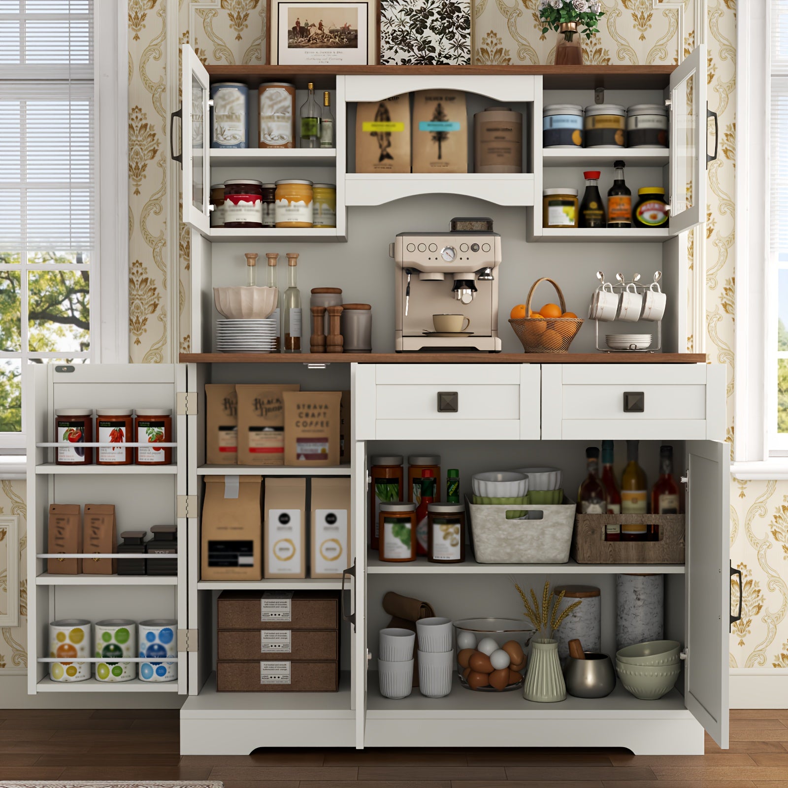 Kitchen Pantry Cabinet, Kitchen Storage Cabinet with 2 Drawer And Door, Tall Kitchen Hutch Cabinet with Microwave Stand