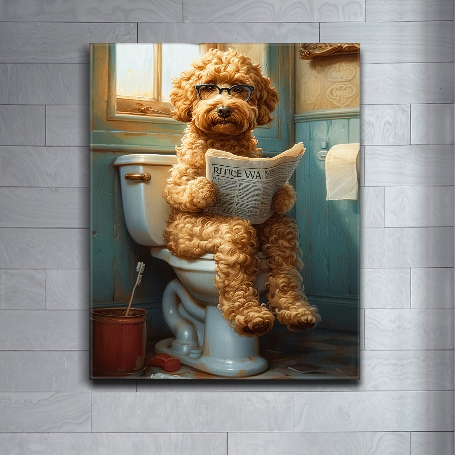 Whimsy Quirky Canvas Wall Art - Wood Frame Print, Humorous Dog on Toilet Reading Newspaper