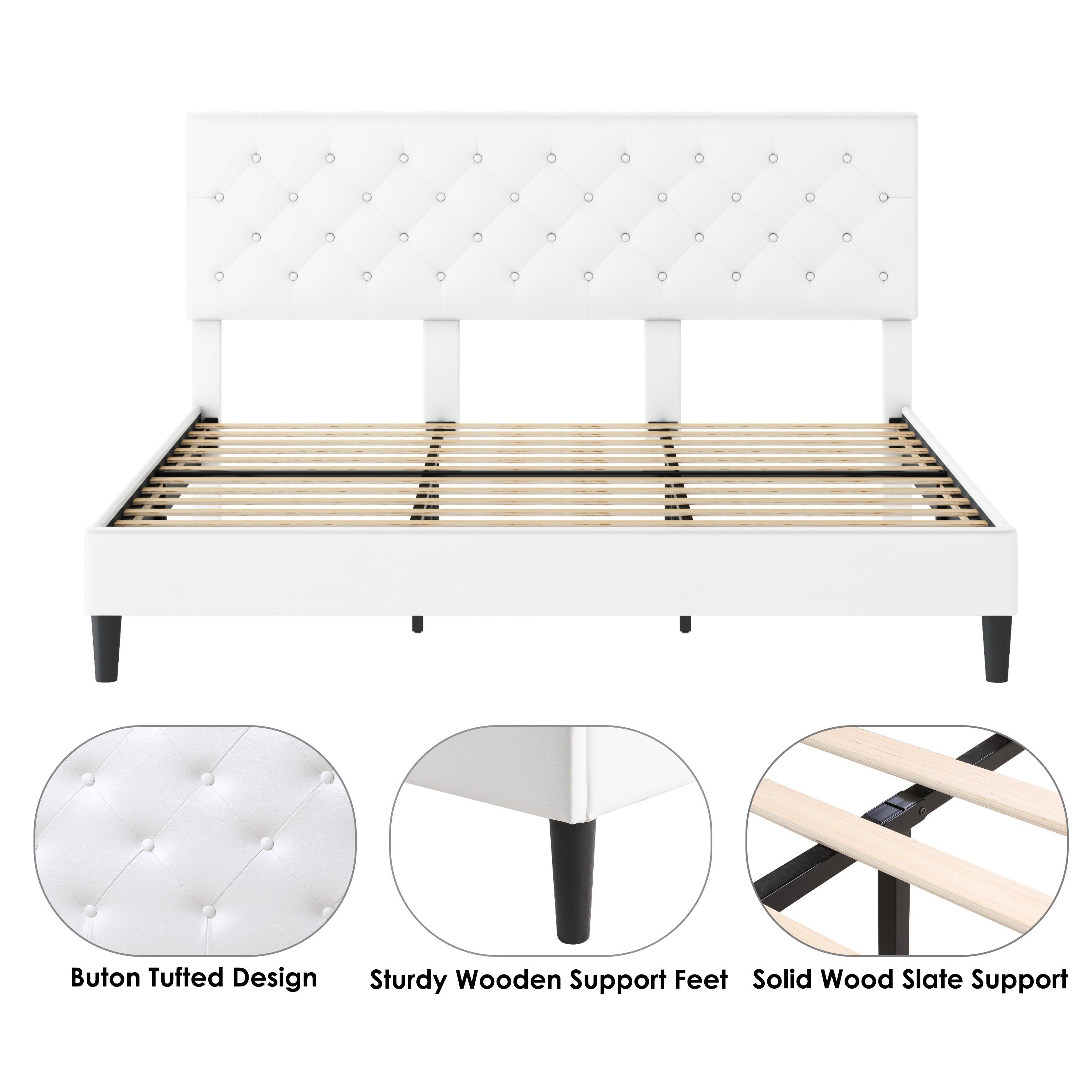 Faux leather platform bed with strong wooden slats, Upholstered Bed Frame with Adjustable Stitched Button Tufted Headboard