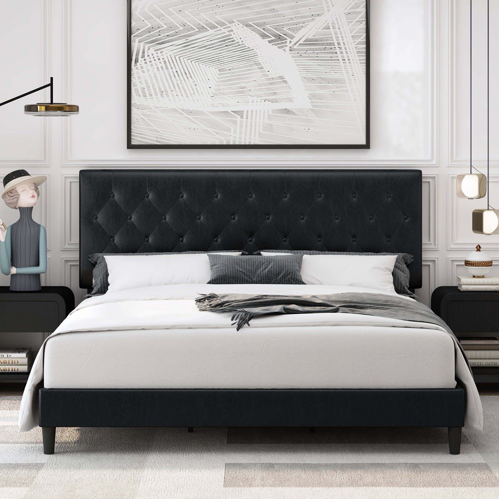 Faux leather platform bed with strong wooden slats, Upholstered Bed Frame with Adjustable Stitched Button Tufted Headboard