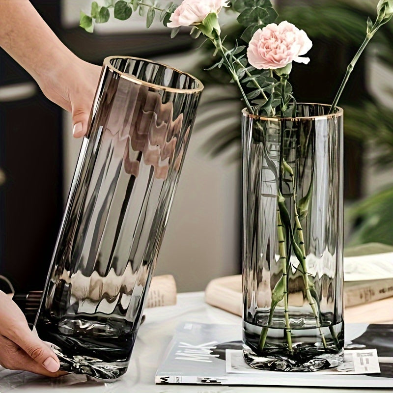 1pc Premium Golden Edge Glass Cylinder Vase, Thickened Clear Modern Style Hand Blown Vase For Home Decor