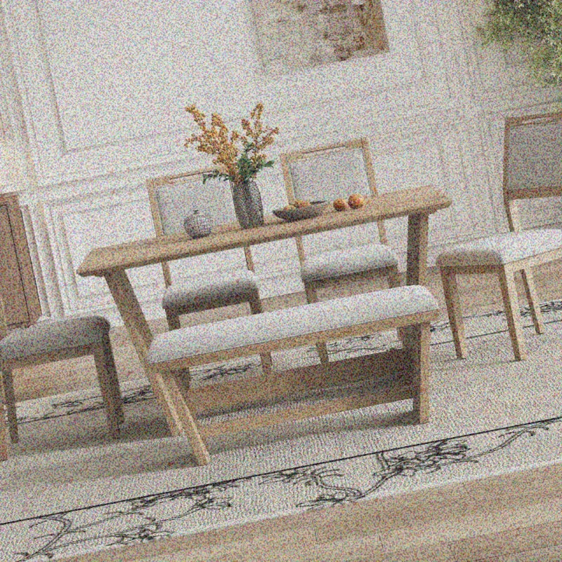 6pcs Retro Dining Set for 6, 60" Kitchen Table with 4 Chairs and Bench, Trestle Base Design for Dining Room, Natural Wash Finish, Durable and Stylish.