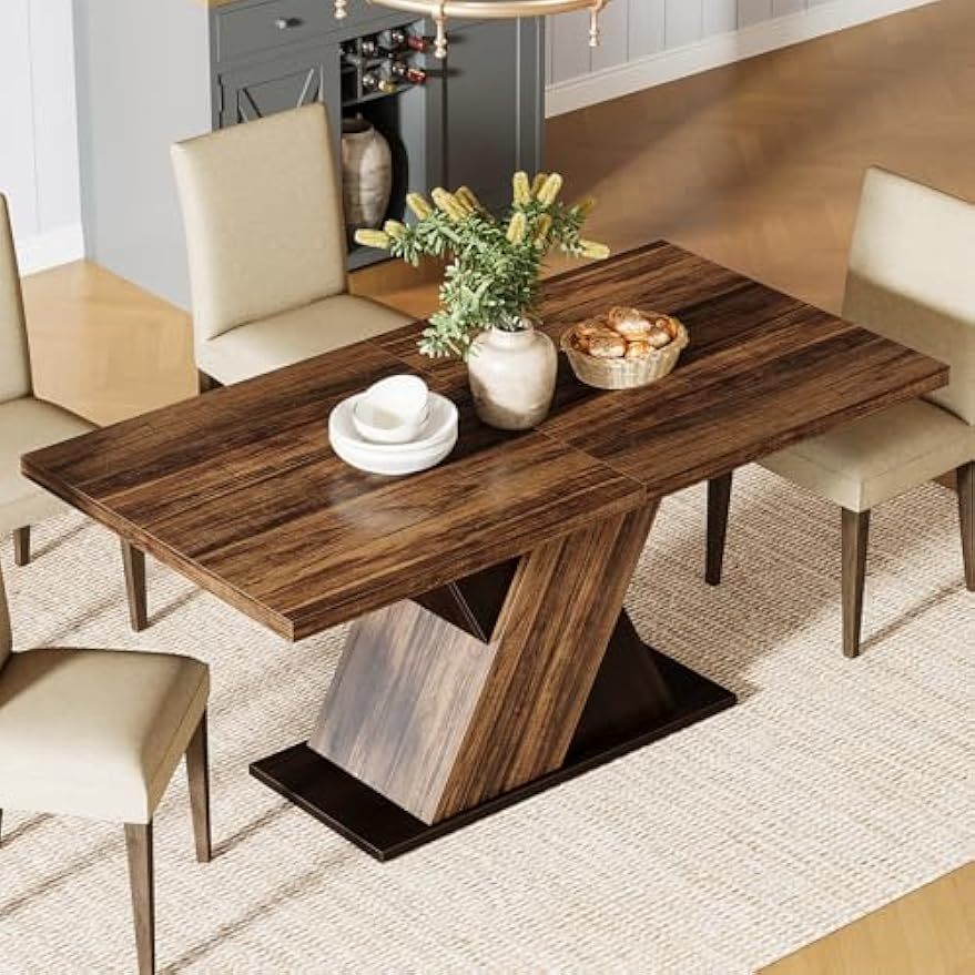 55-Inch Rectangle Wood Dining Table - Farmhouse Dining Table for 4-6 People - Dinner Table for Dining Room