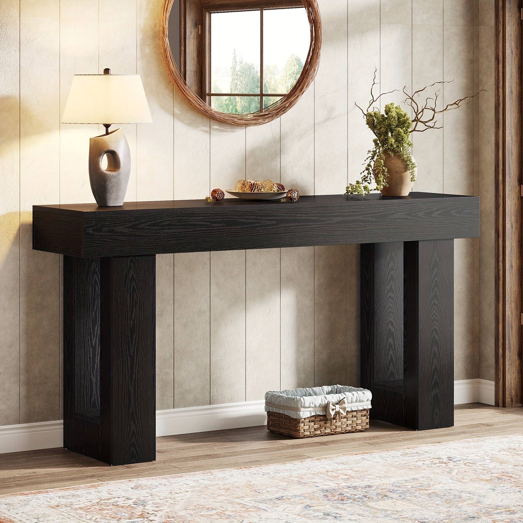 63-Inch Solid Hardwood Console Table - Contemporary Farmhouse Sofa Table with Engineered Wood Top, Space-Saving