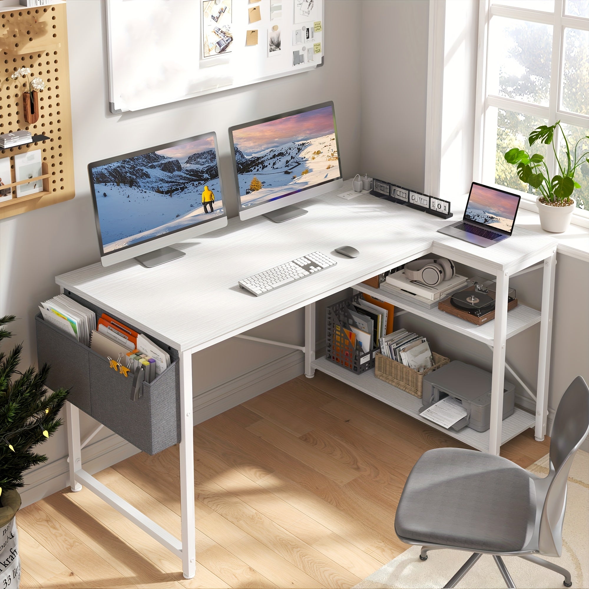 L Shaped Computer Desk With Power Outlets, Computer Desk With Storage Shelves, Home Office Corner Desk For Work, Writing Study Desk With Gaming Desk For Bedroom Office Dorm