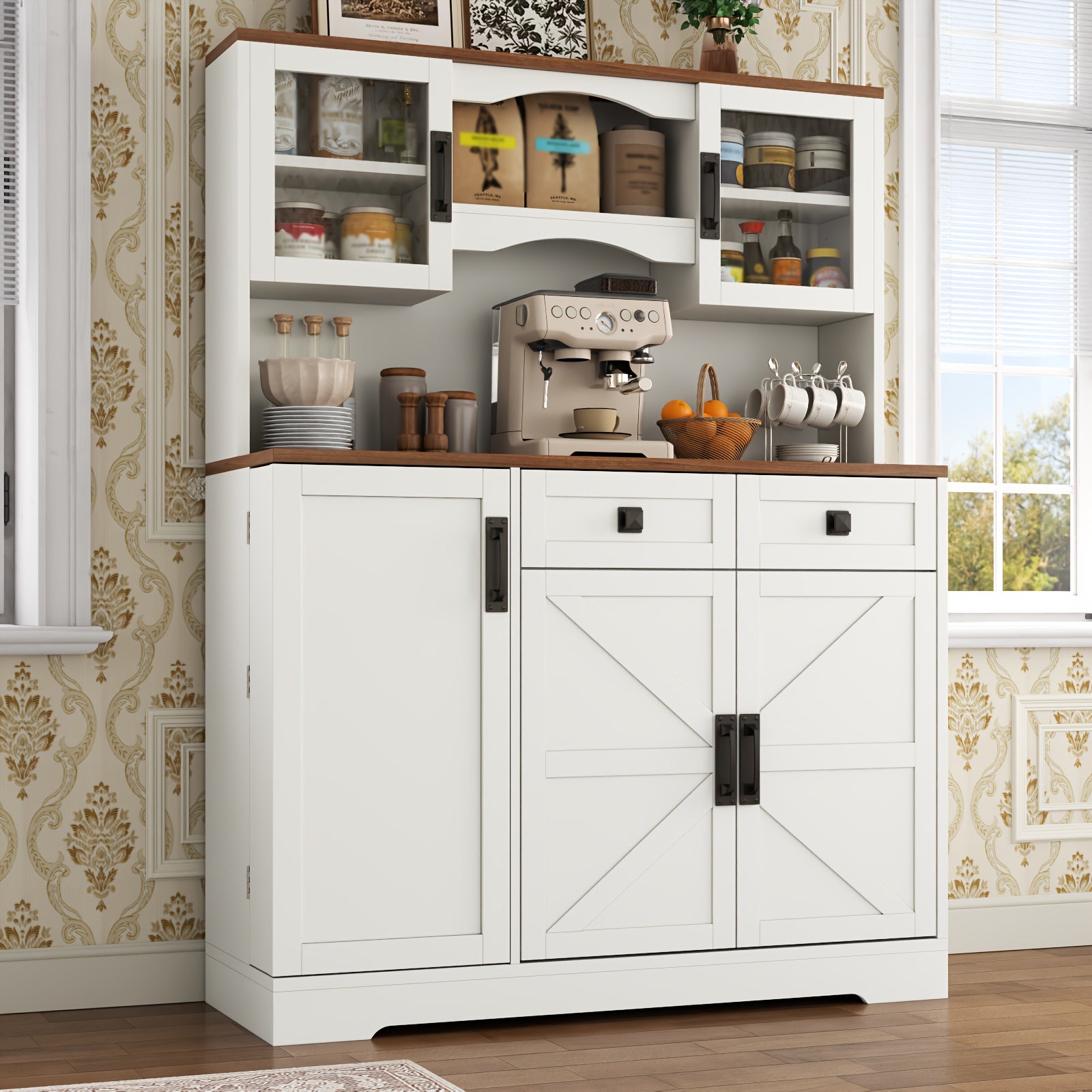 Kitchen Pantry Cabinet, Kitchen Storage Cabinet with 2 Drawer And Door, Tall Kitchen Hutch Cabinet with Microwave Stand