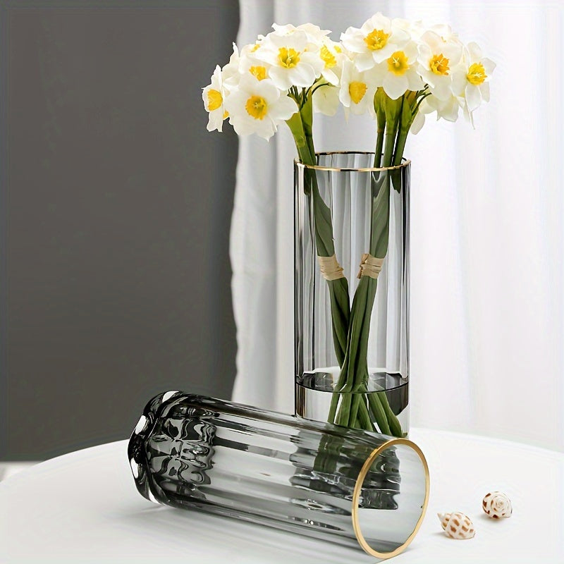 1pc Premium Golden Edge Glass Cylinder Vase, Thickened Clear Modern Style Hand Blown Vase For Home Decor