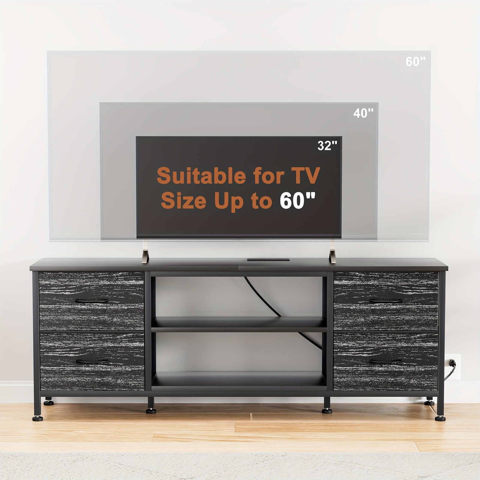 TV Stand, Entertainment Center Power Outlet with Fabric Drawers, Media Console Table with Metal Frame And Wood Top for TV Up to 60 Inch