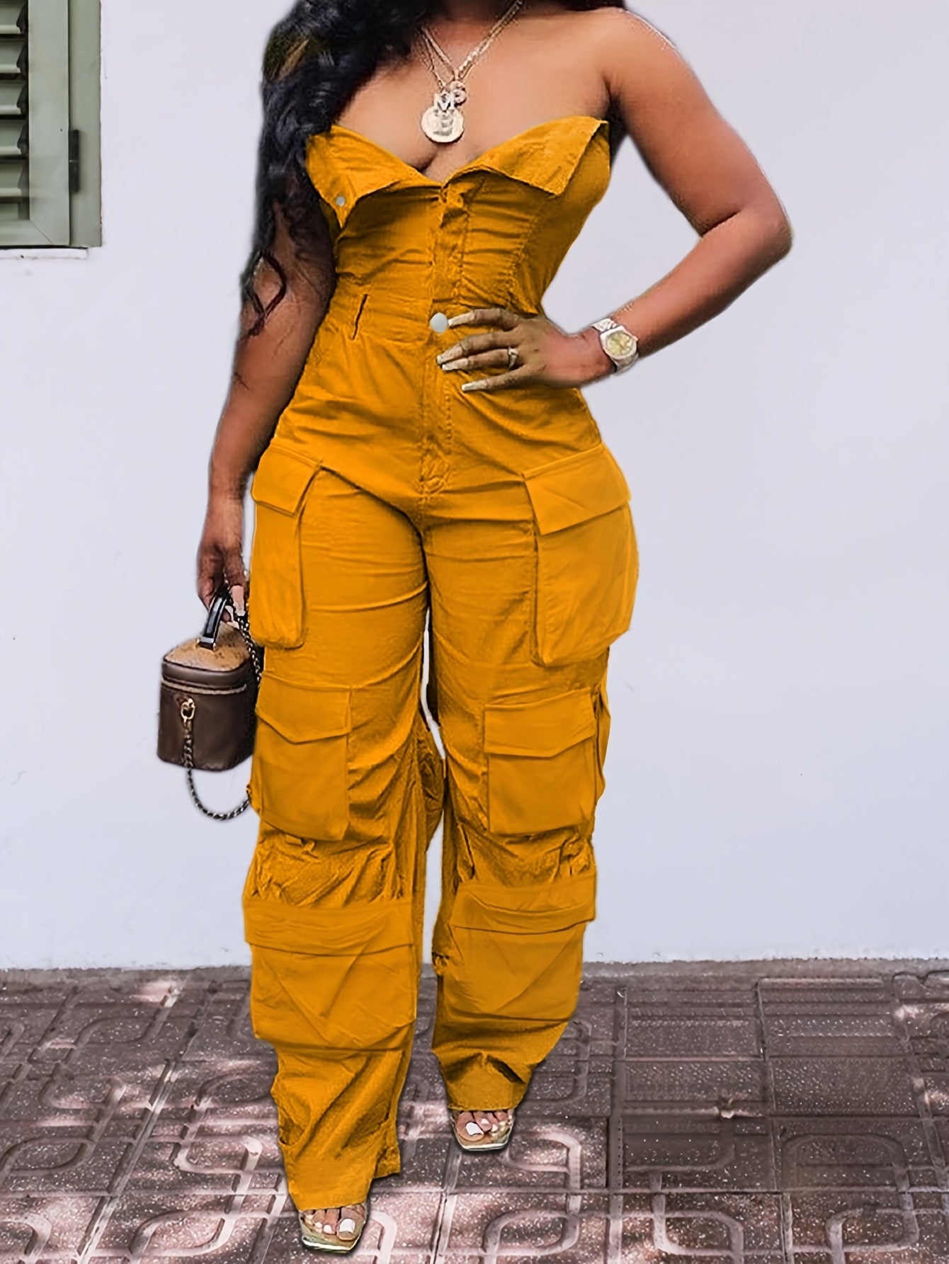 CHICSALE Women’s Bandeau Jumpsuit - Sexy Tube Top One-Piece with Button Detail