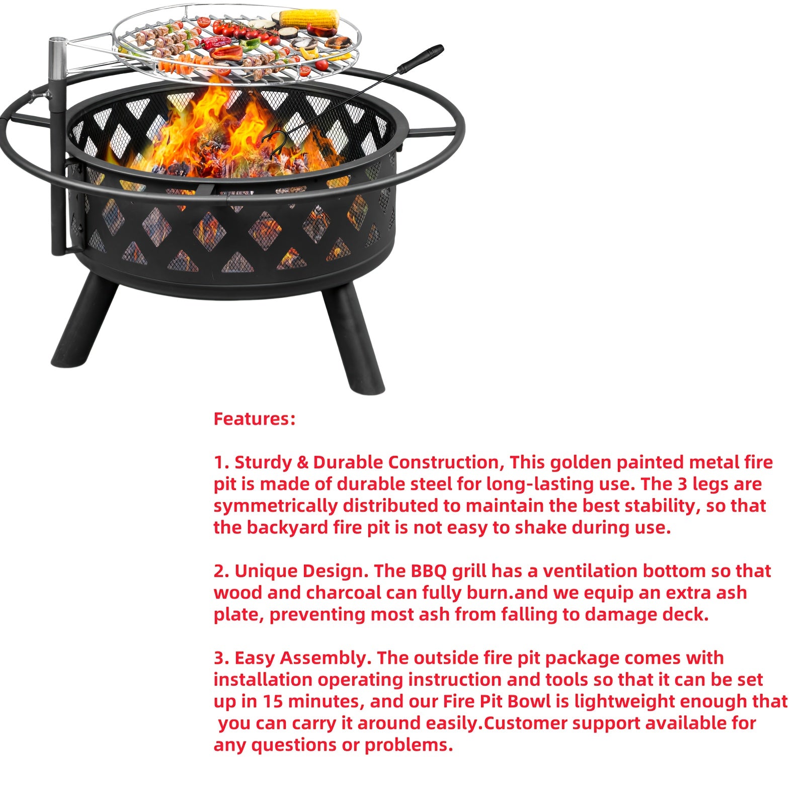 38in Round Wrought Iron with Grill Pan Wood Burning Fire Pit