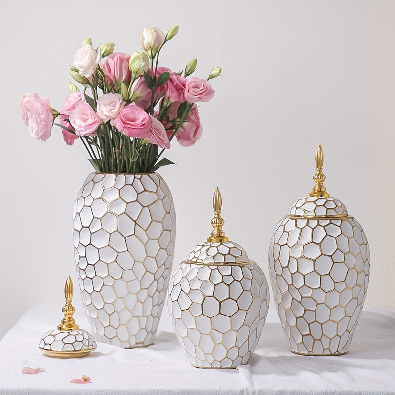 Elegant White & Golden Ceramic Vase with Hexagonal Pattern