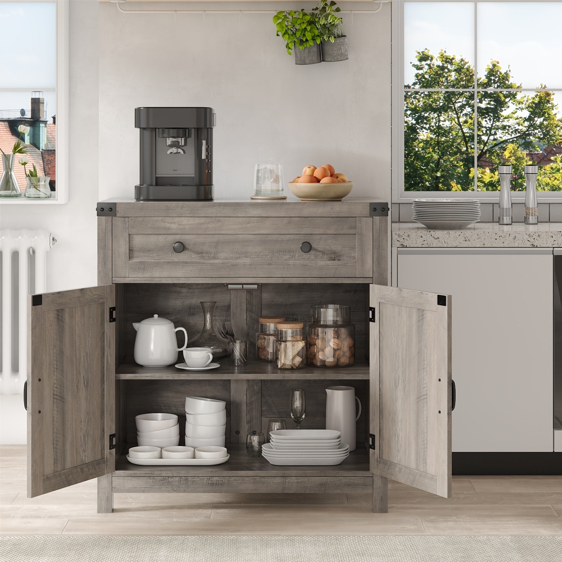 Double-Door Storage Cabinet with Drawer, Modern Farmhouse Buffet Sideboard