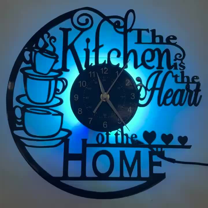 Vinyl Wall Clock - LED Glow-in-the-dark With Seven Colors, Home Kitchen Theme - For Home Decor, Bar Decor, Store Decor - Art Pieces