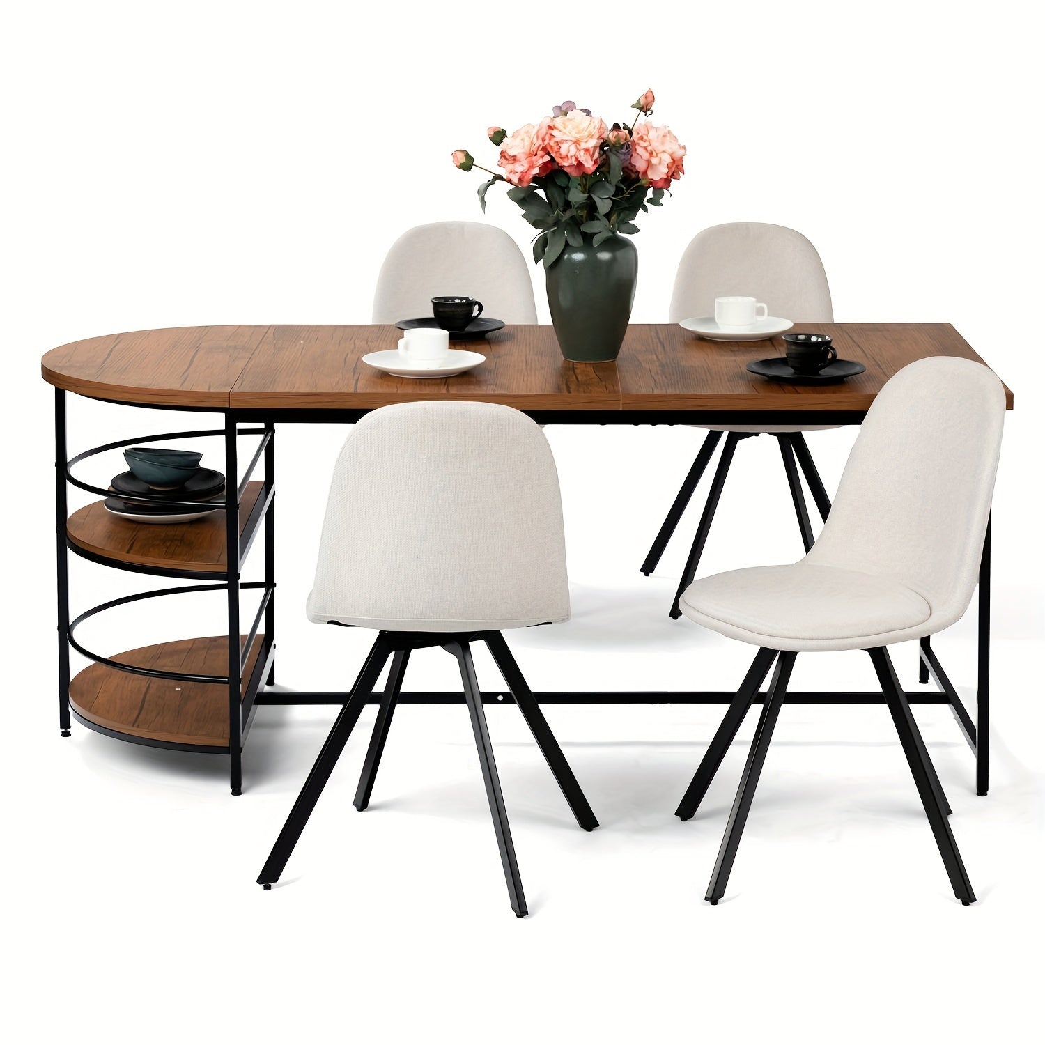 5 Piece Dining Set, 70" Dining Table With 4 Dining Chairs With Swivel Seats, Mid-Century Modern Dining Set With Metal Frame For Small Space, Brown/Beige