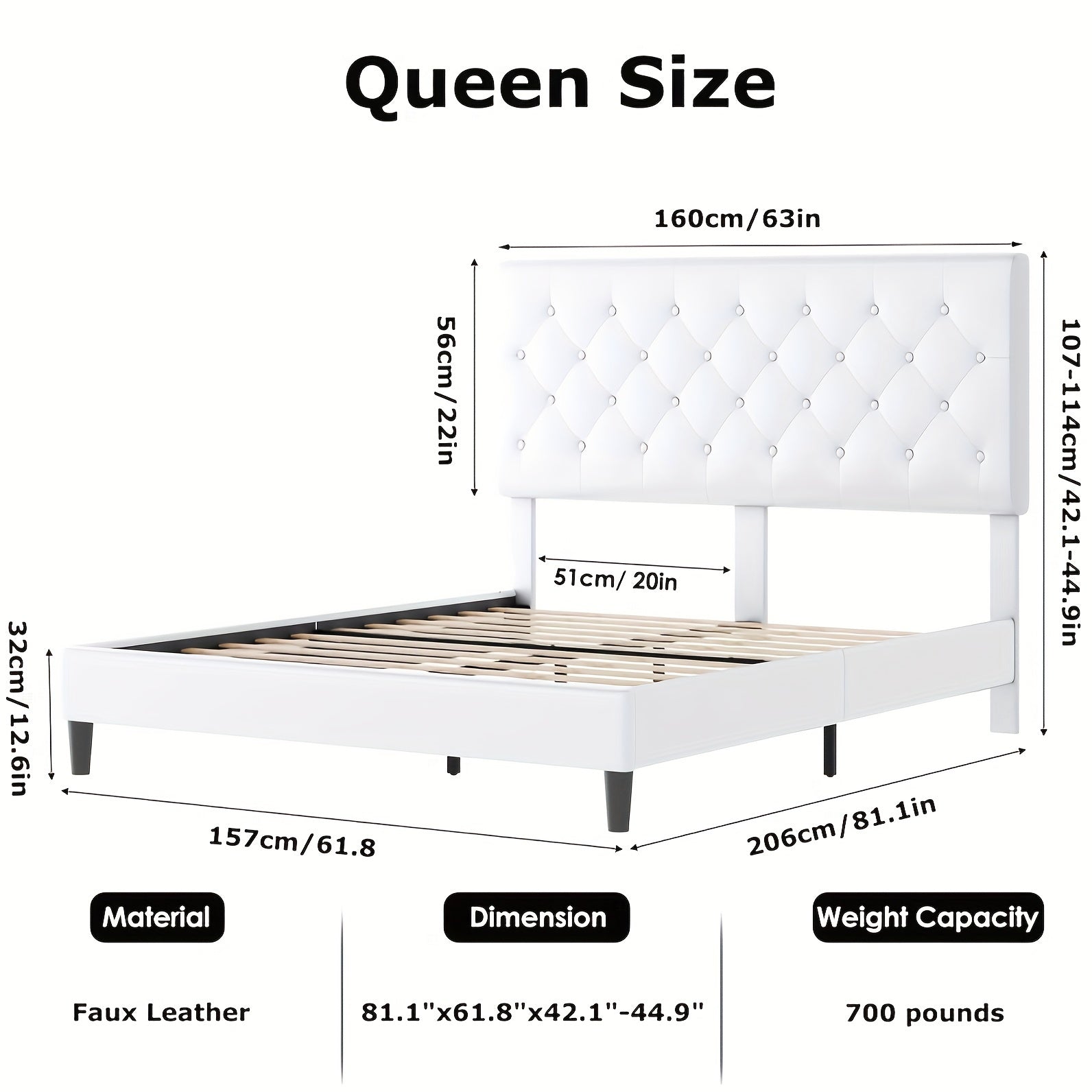 Faux leather platform bed with strong wooden slats, Upholstered Bed Frame with Adjustable Stitched Button Tufted Headboard