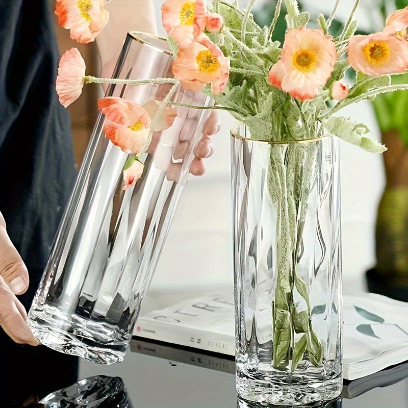 1pc Premium Golden Edge Glass Cylinder Vase, Thickened Clear Modern Style Hand Blown Vase For Home Decor