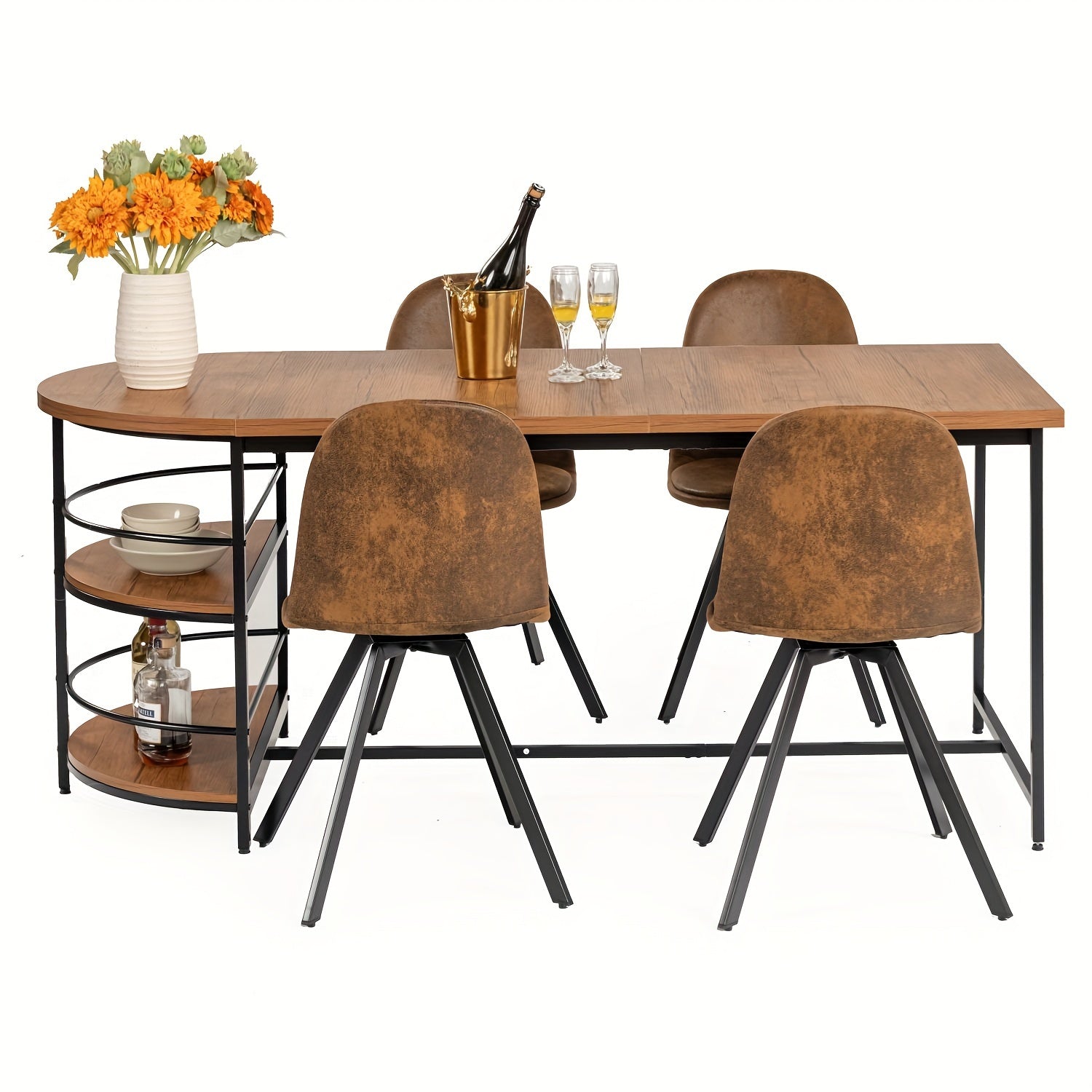 5 Piece Dining Set, 70" Dining Table With 4 Dining Chairs With Swivel Seats, Mid-Century Modern Dining Set With Metal Frame For Small Space, Brown/Beige