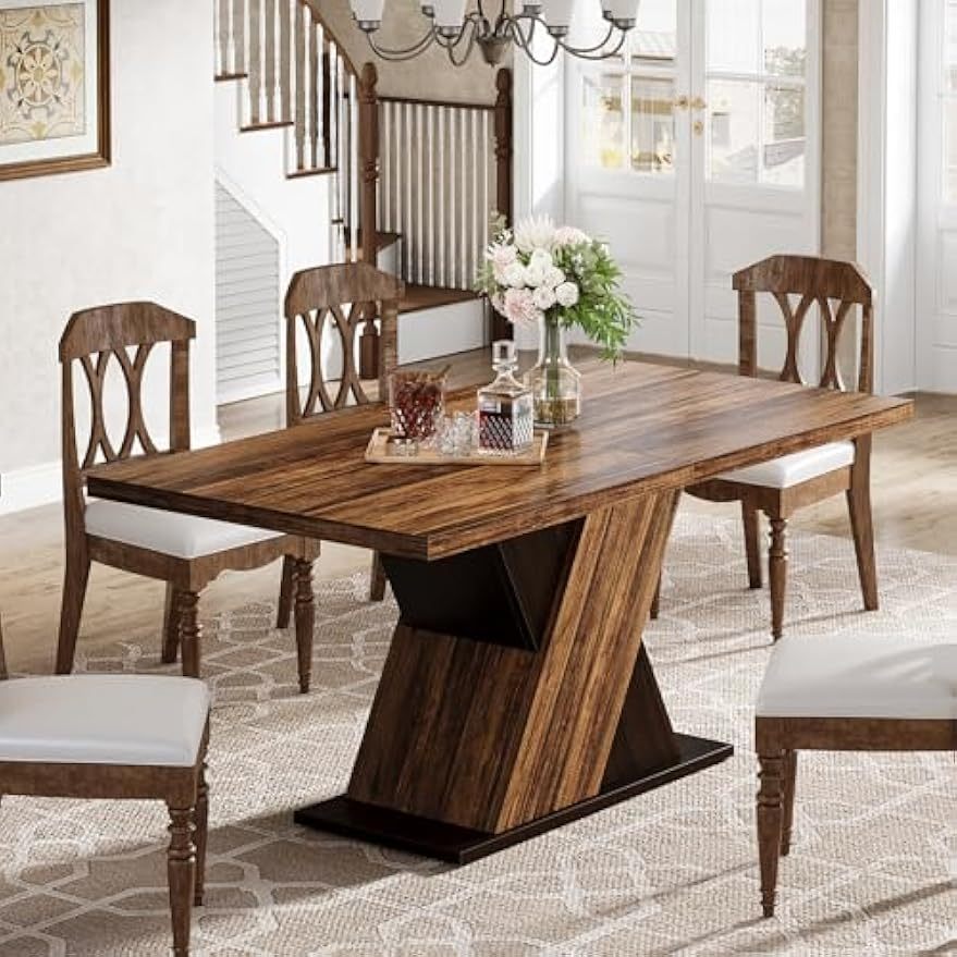55-Inch Rectangle Wood Dining Table - Farmhouse Dining Table for 4-6 People - Dinner Table for Dining Room