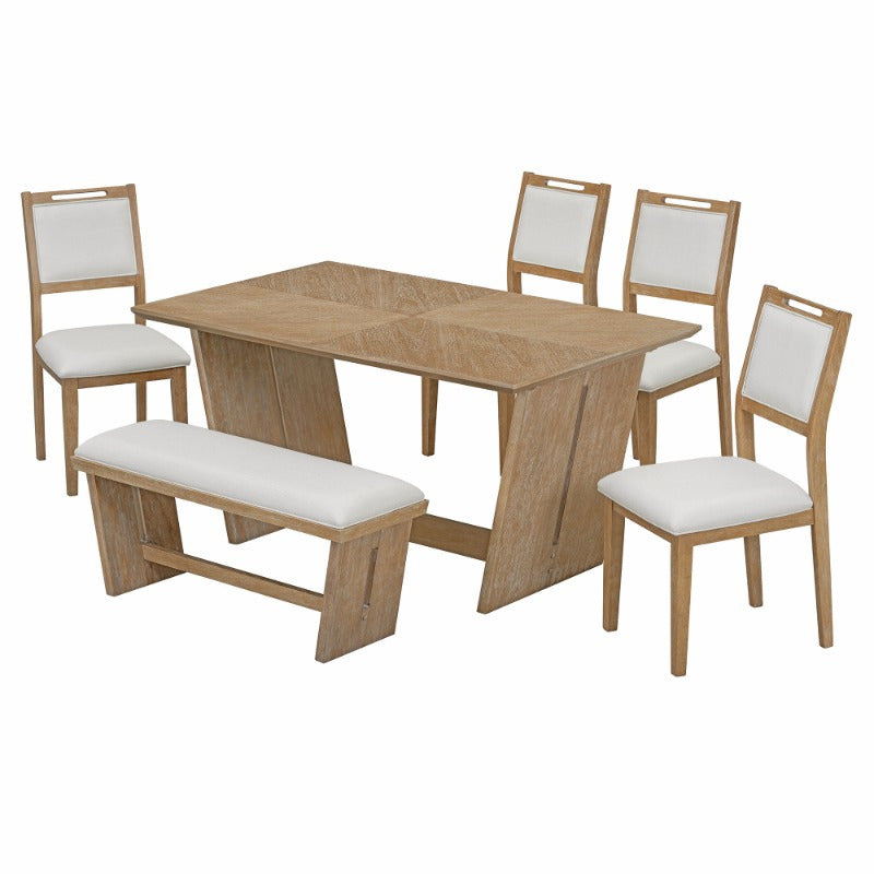 6pcs Retro Dining Set for 6, 60" Kitchen Table with 4 Chairs and Bench, Trestle Base Design for Dining Room, Natural Wash Finish, Durable and Stylish.