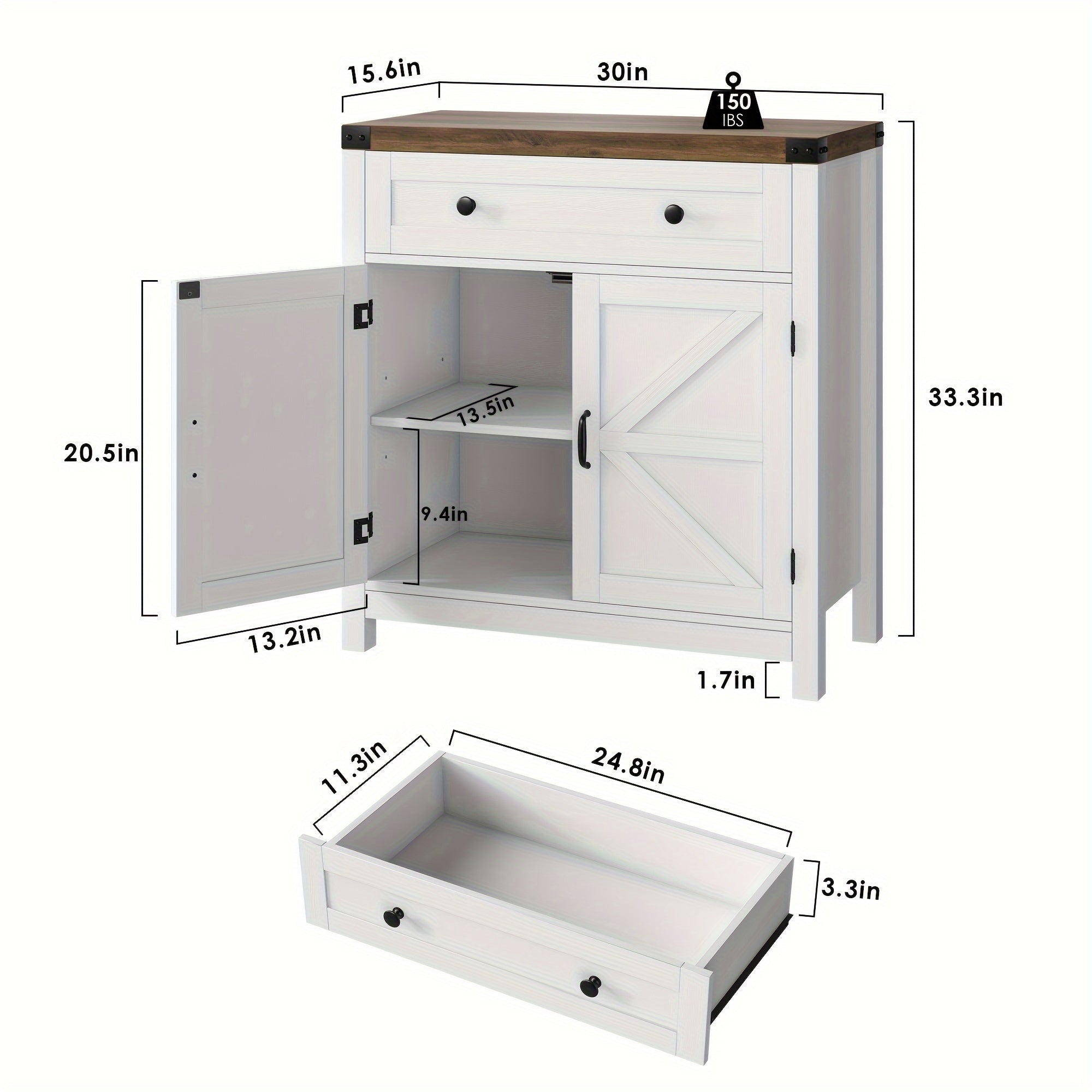 Double-Door Storage Cabinet with Drawer, Modern Farmhouse Buffet Sideboard