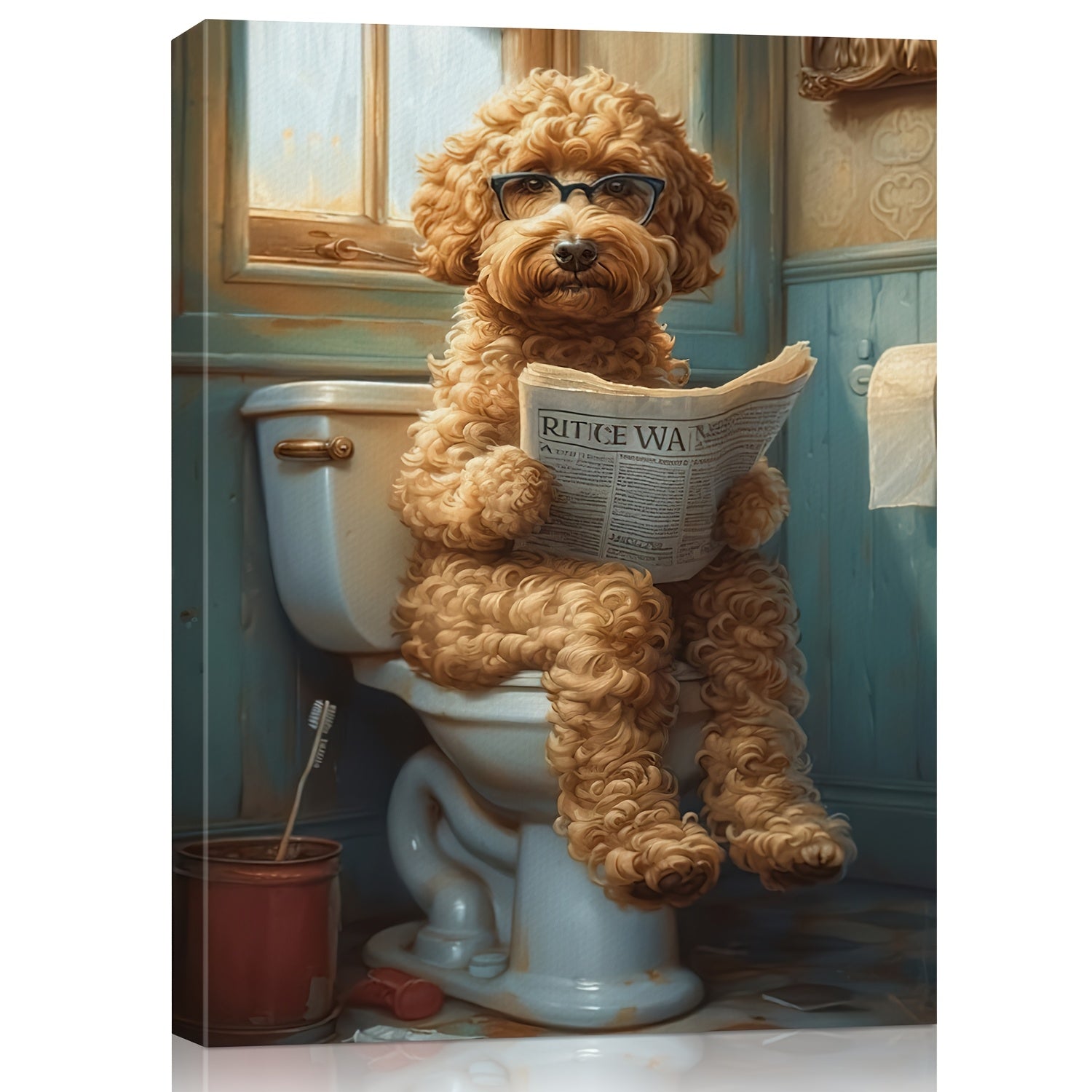 Whimsy Quirky Canvas Wall Art - Wood Frame Print, Humorous Dog on Toilet Reading Newspaper
