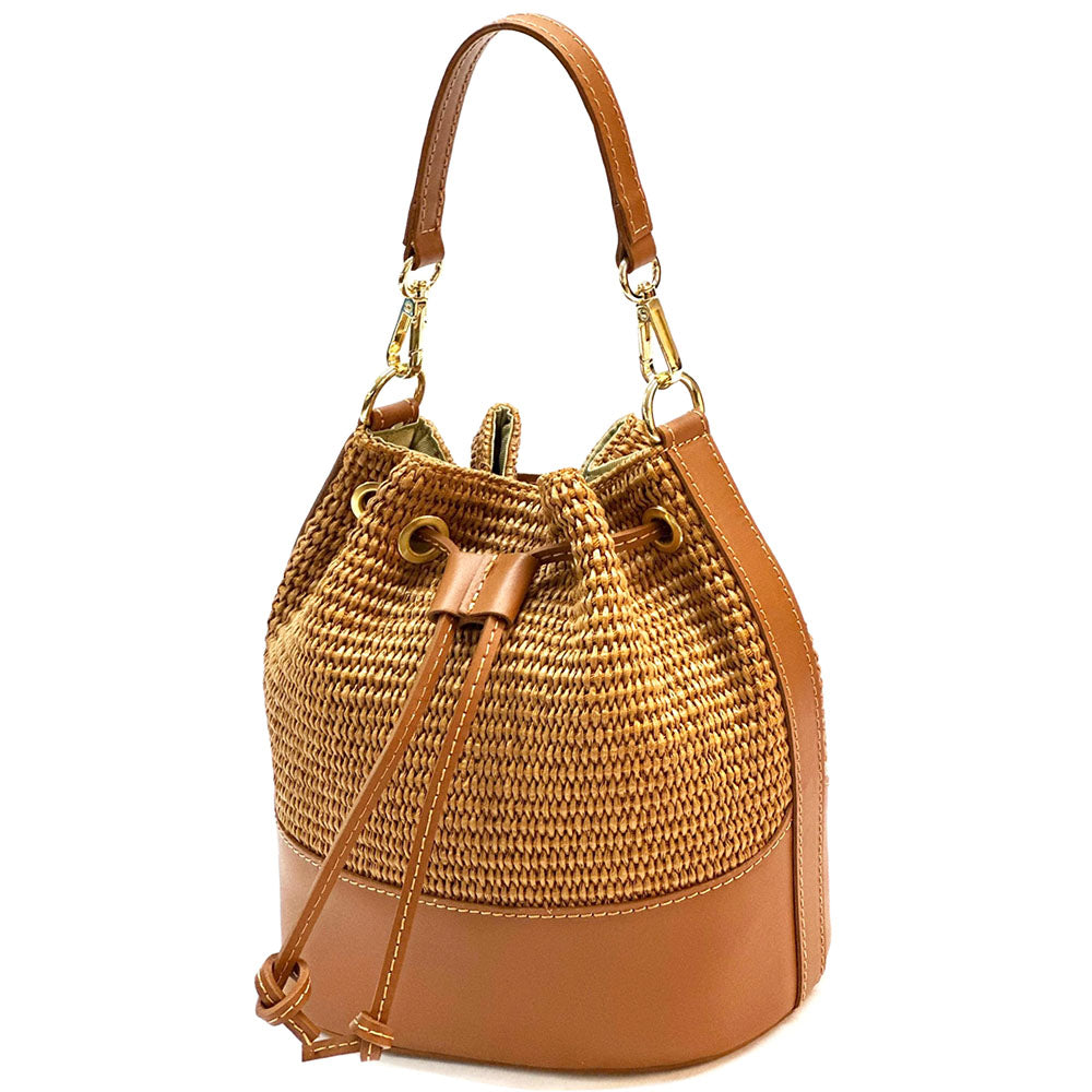 Ischia Bucket Bag in Rafia and Italian Leather - Made In Italy