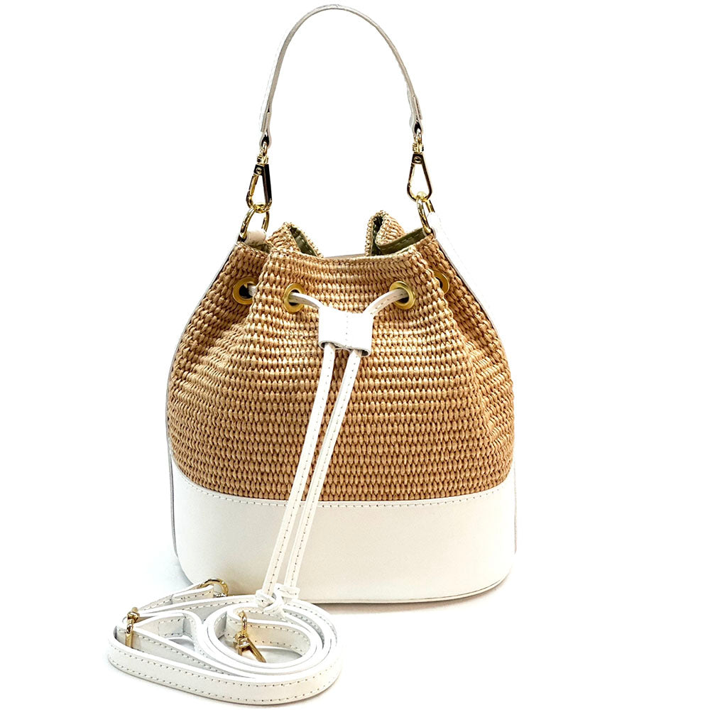 Ischia Bucket Bag in Rafia and Italian Leather - Made In Italy