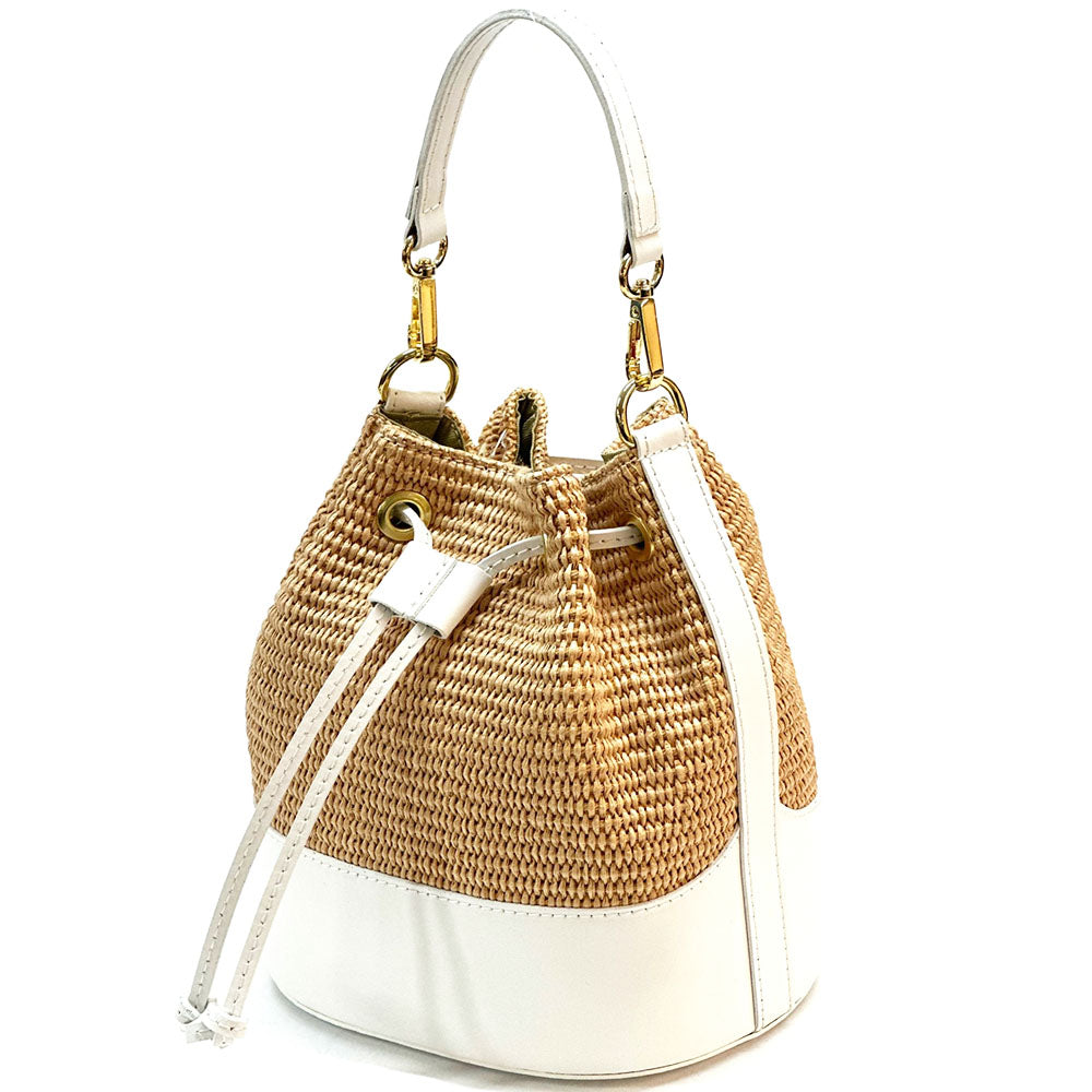 Ischia Bucket Bag in Rafia and Italian Leather - Made In Italy