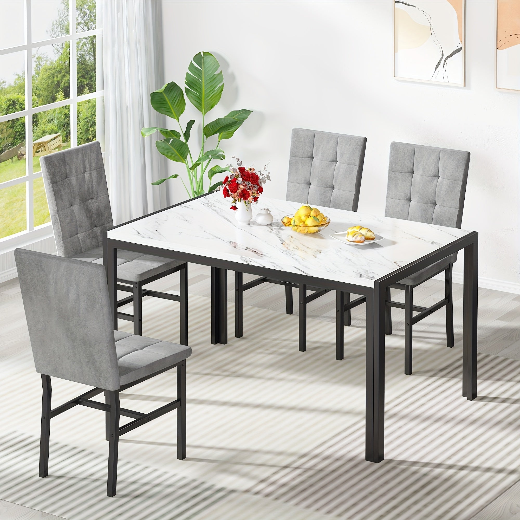 5pcs Faux Marble Tabletop Dining Table Set