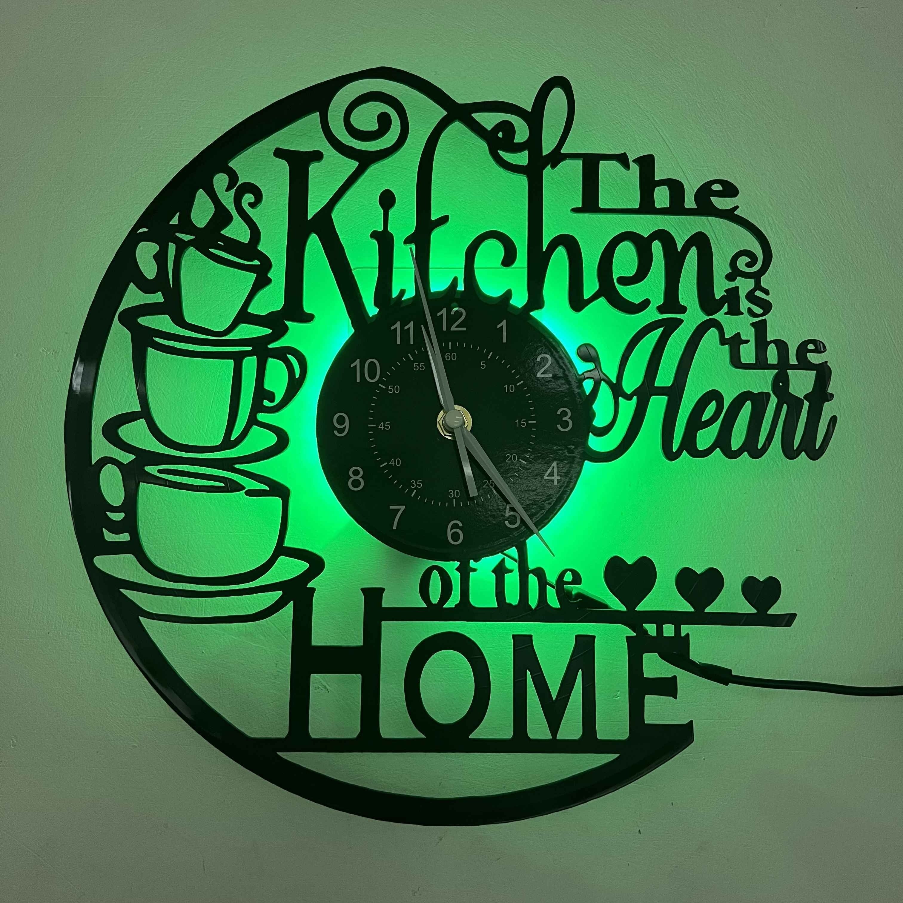 Vinyl Wall Clock - LED Glow-in-the-dark With Seven Colors, Home Kitchen Theme - For Home Decor, Bar Decor, Store Decor - Art Pieces