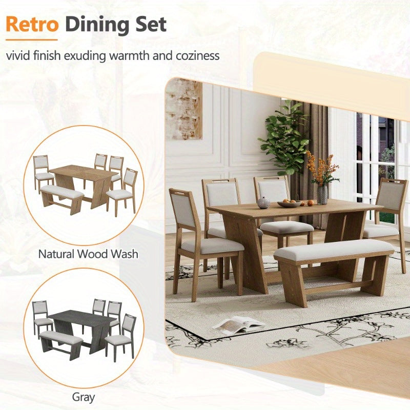 6pcs Retro Dining Set for 6, 60" Kitchen Table with 4 Chairs and Bench, Trestle Base Design for Dining Room, Natural Wash Finish, Durable and Stylish.