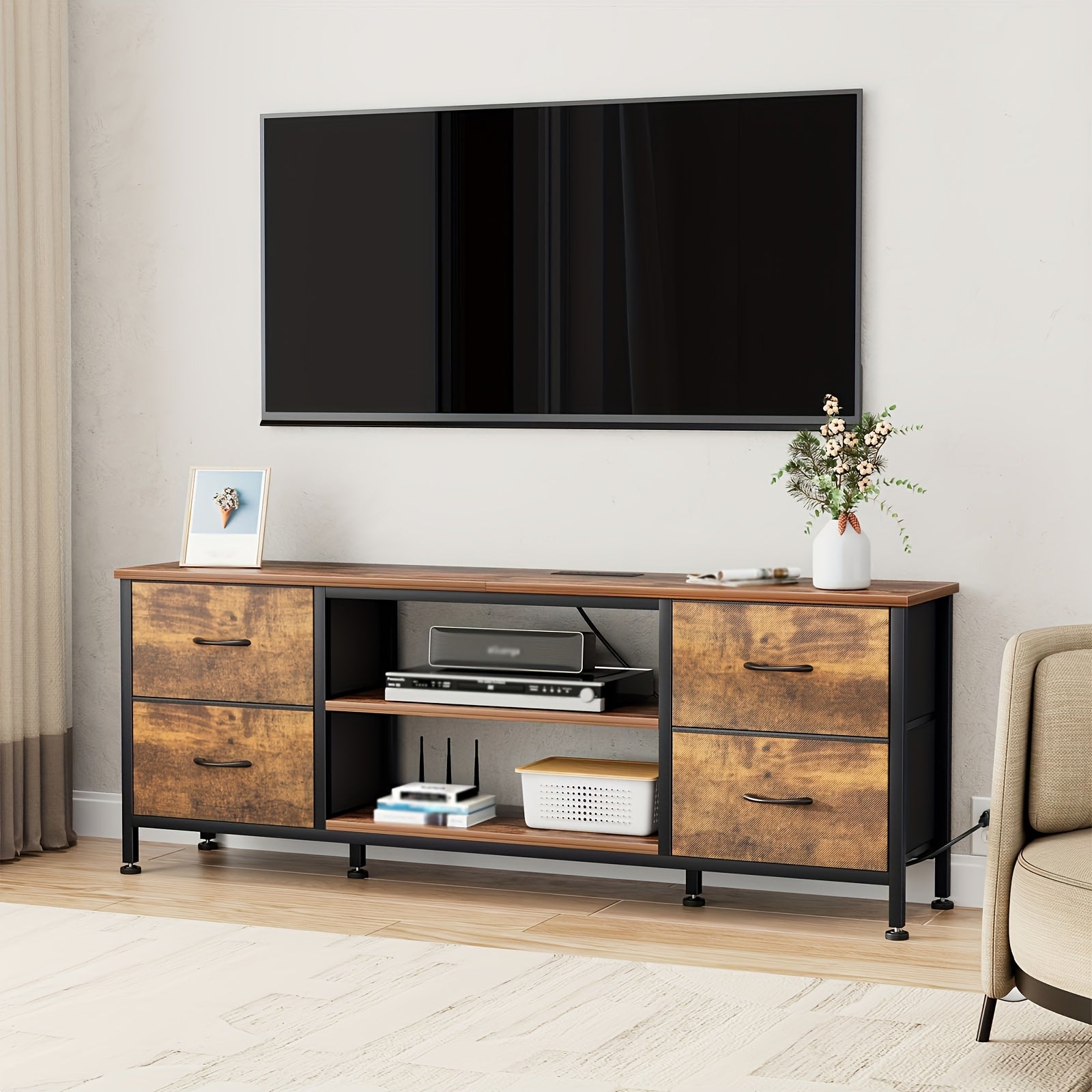 TV Stand, Entertainment Center Power Outlet with Fabric Drawers, Media Console Table with Metal Frame And Wood Top for TV Up to 60 Inch