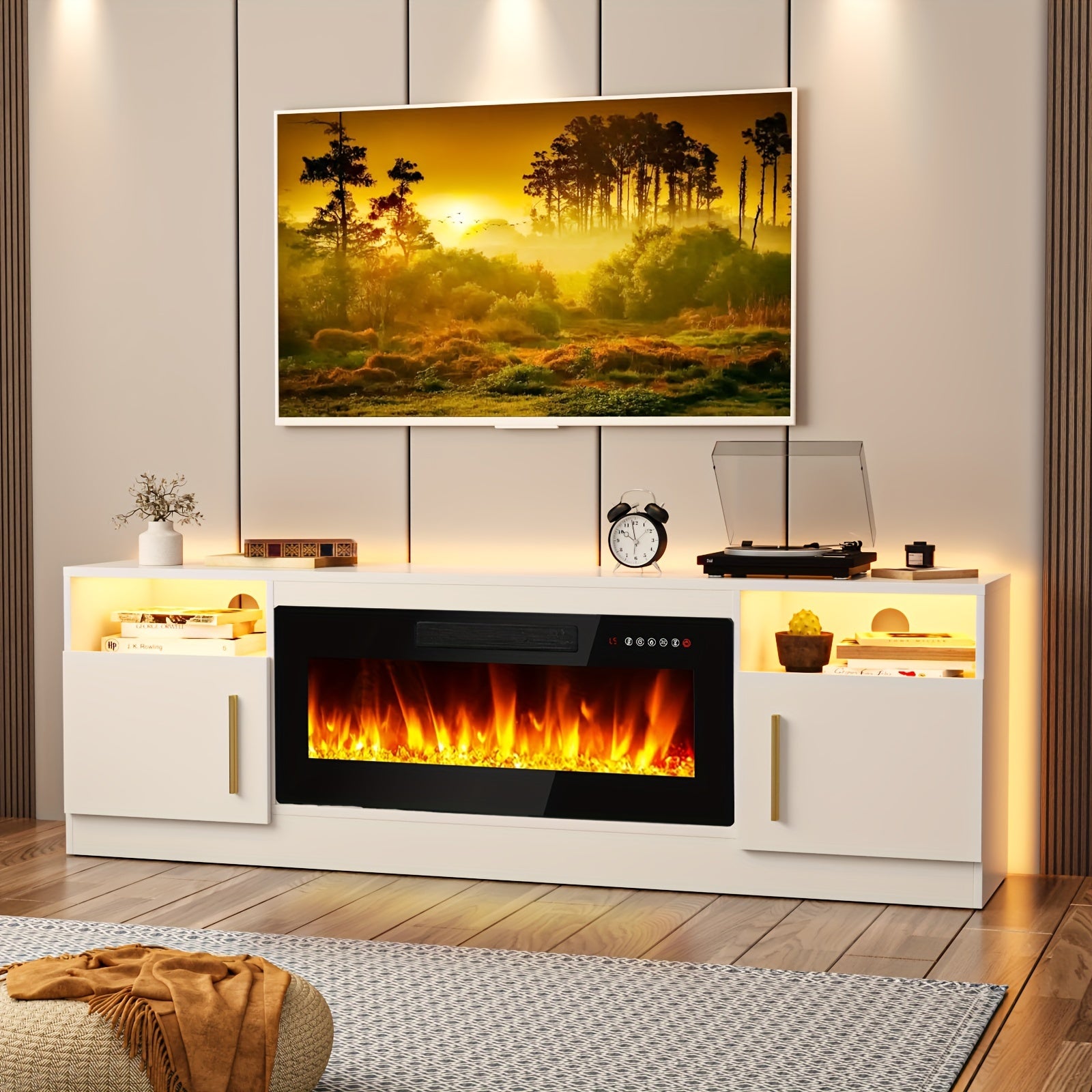70" Modern Wooden TV Stand for TVs Up to 80" - Electric Fireplace Entertainment Center with 36" High Gloss Media Console, 16-Color LED Lights, Storage Cabinet & US Plug (120V)