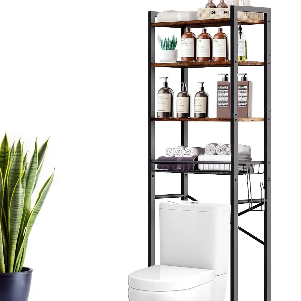 5-Tier Over Toilet Bathroom Organizer Shelf Adjustable Bathroom Shelf Over Toilet With Paper Holder And 4 Hooks