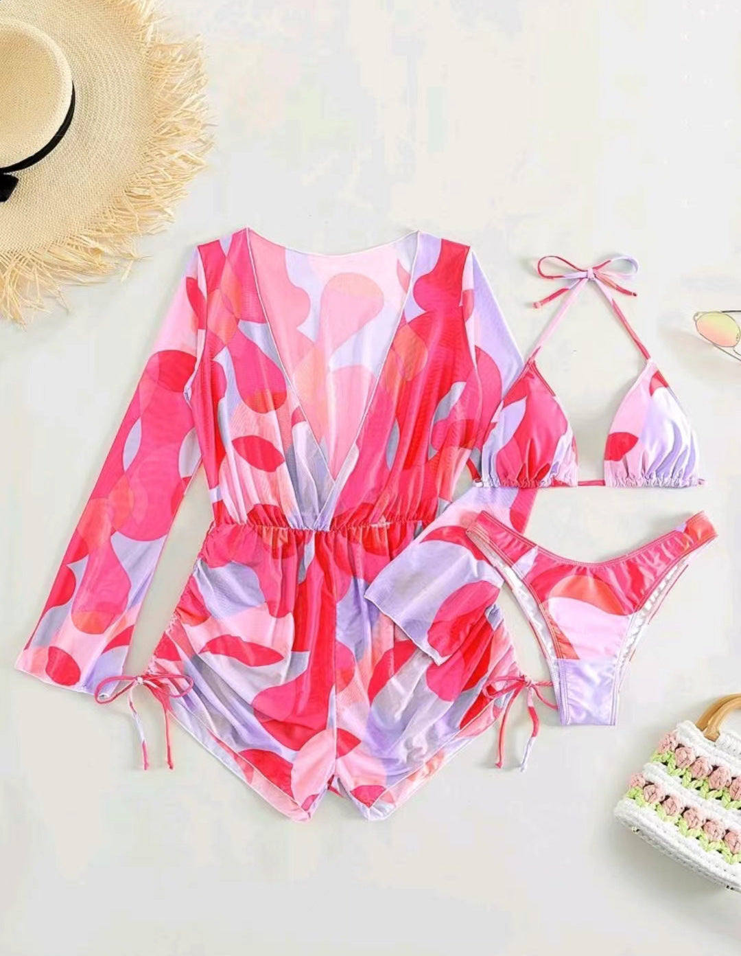Jumpsuit long sleeved mesh hood bikini three piece swimsuit women&