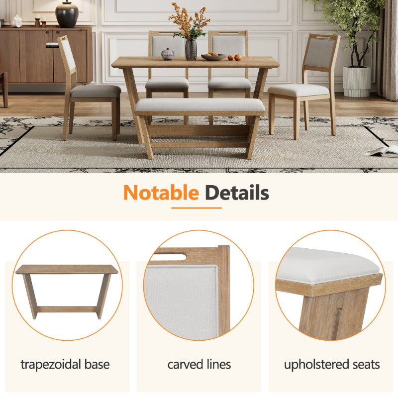 6pcs Retro Dining Set for 6, 60" Kitchen Table with 4 Chairs and Bench, Trestle Base Design for Dining Room, Natural Wash Finish, Durable and Stylish.
