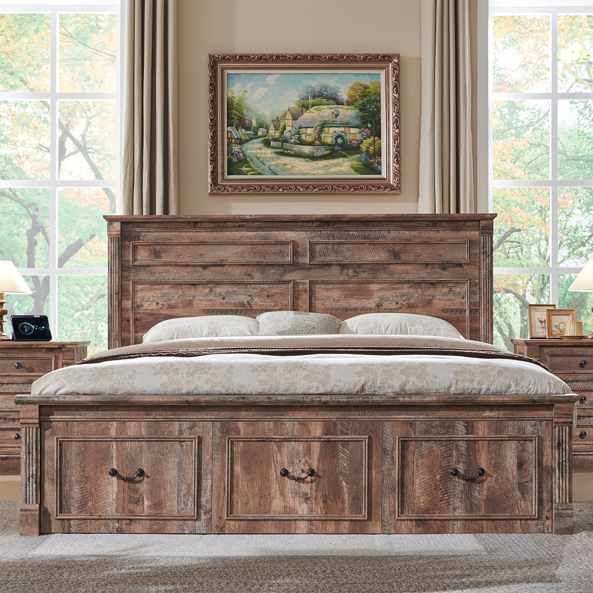 Rustic Farmhouse Full-Size Bed Frame with Tall Headboard