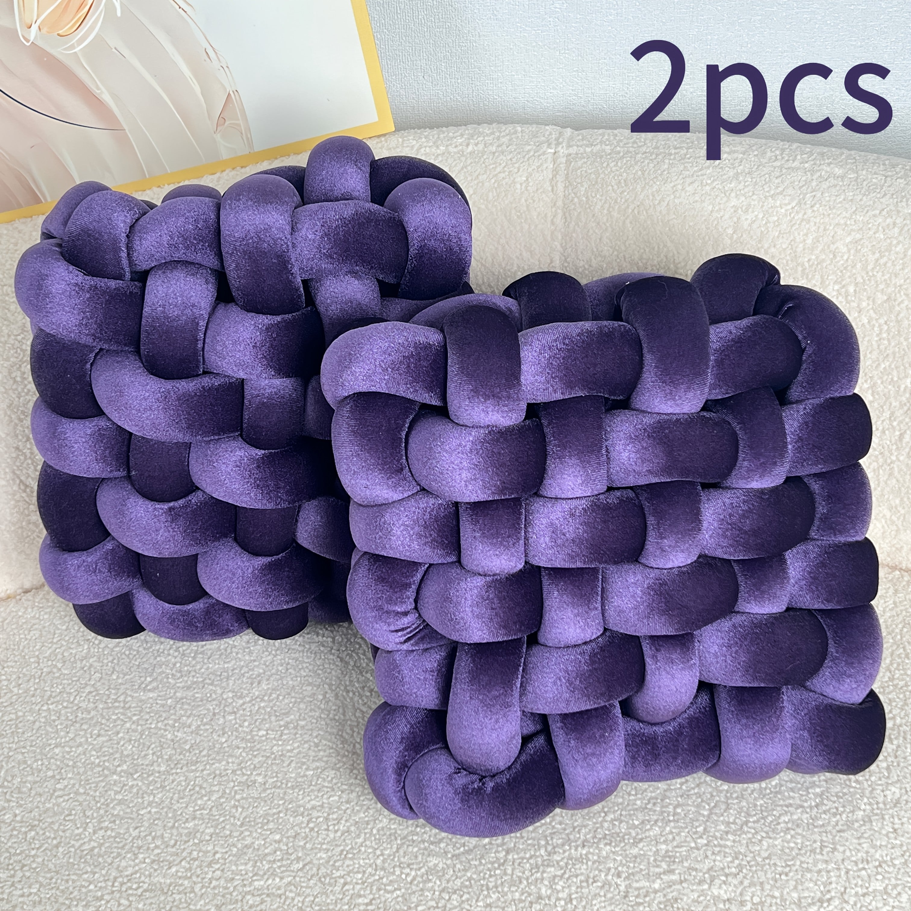 2pcs Gold Velvet Hand-woven Knot Pillow Square Decorative Pillow Knotted Floor Pillow