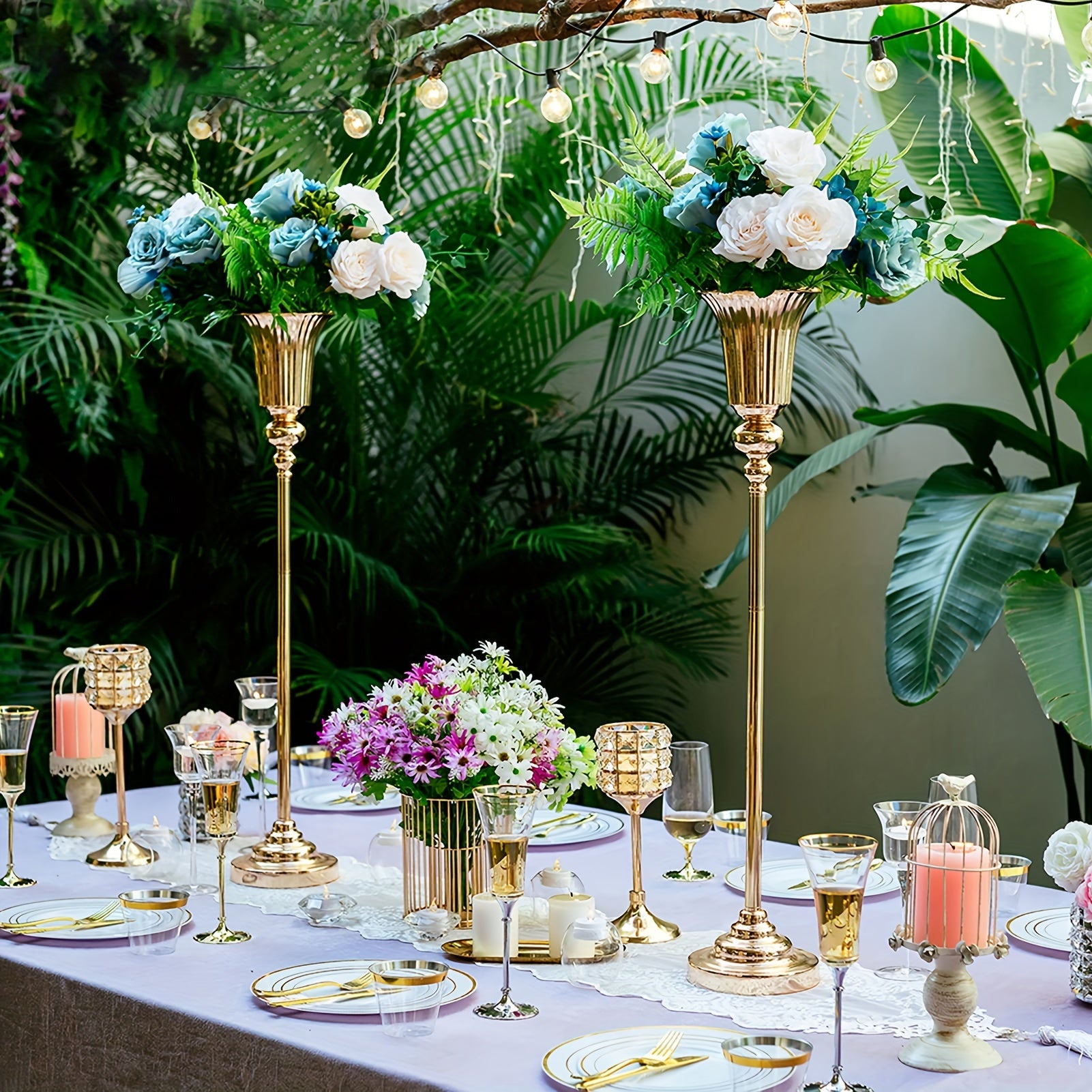 Set Of 2/ Set Of 10 Versatile Golden Centerpiece Vases, Perfect For Weddings, Banquets, Anniversaries, And Birthdays.