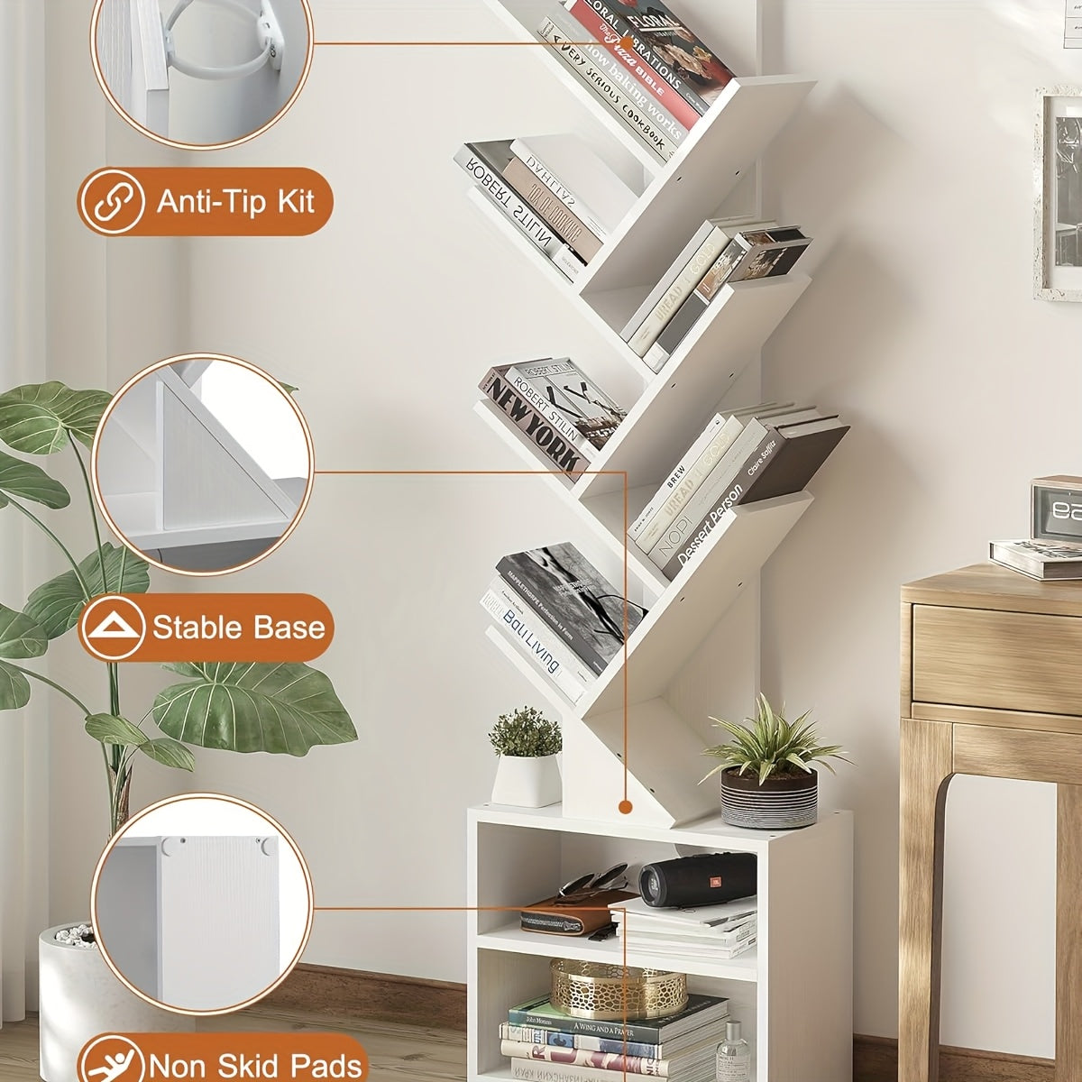 6 Tier Tree Bookshelf, Small Bookcase with Storage Cabinet, Modern Tall Narrow Bookshelves Organizer