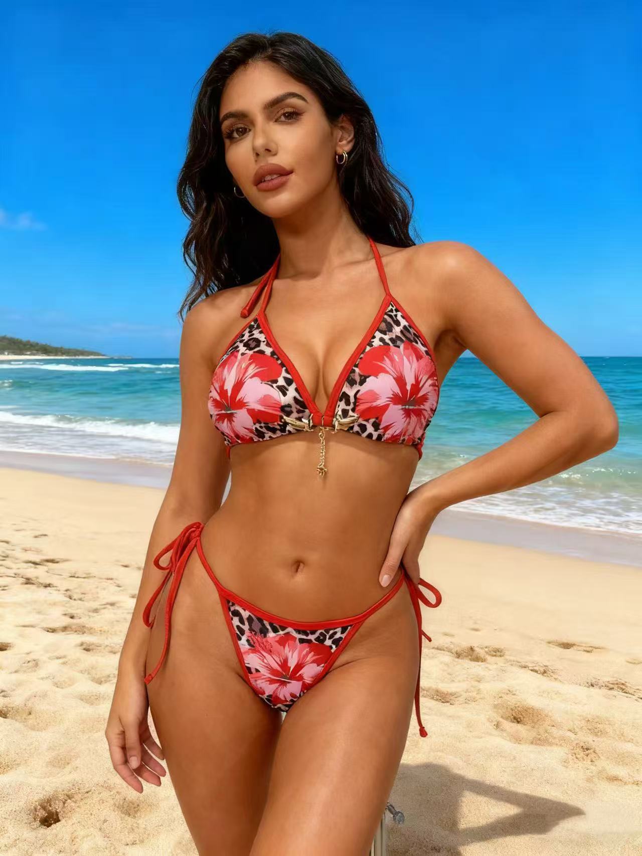 Leopard Print Red Flower Bikini Tie-Up Two-Piece Swimsuit Bikini Export