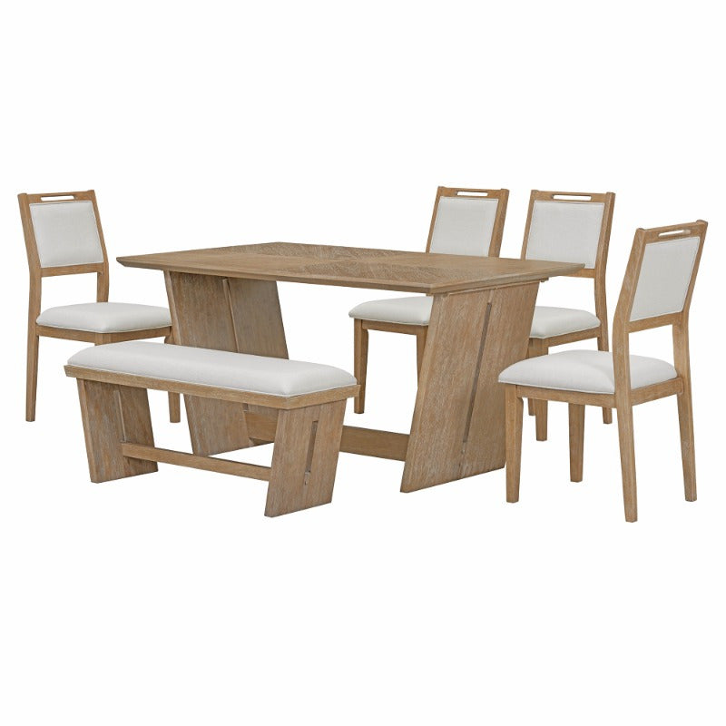 6pcs Retro Dining Set for 6, 60" Kitchen Table with 4 Chairs and Bench, Trestle Base Design for Dining Room, Natural Wash Finish, Durable and Stylish.