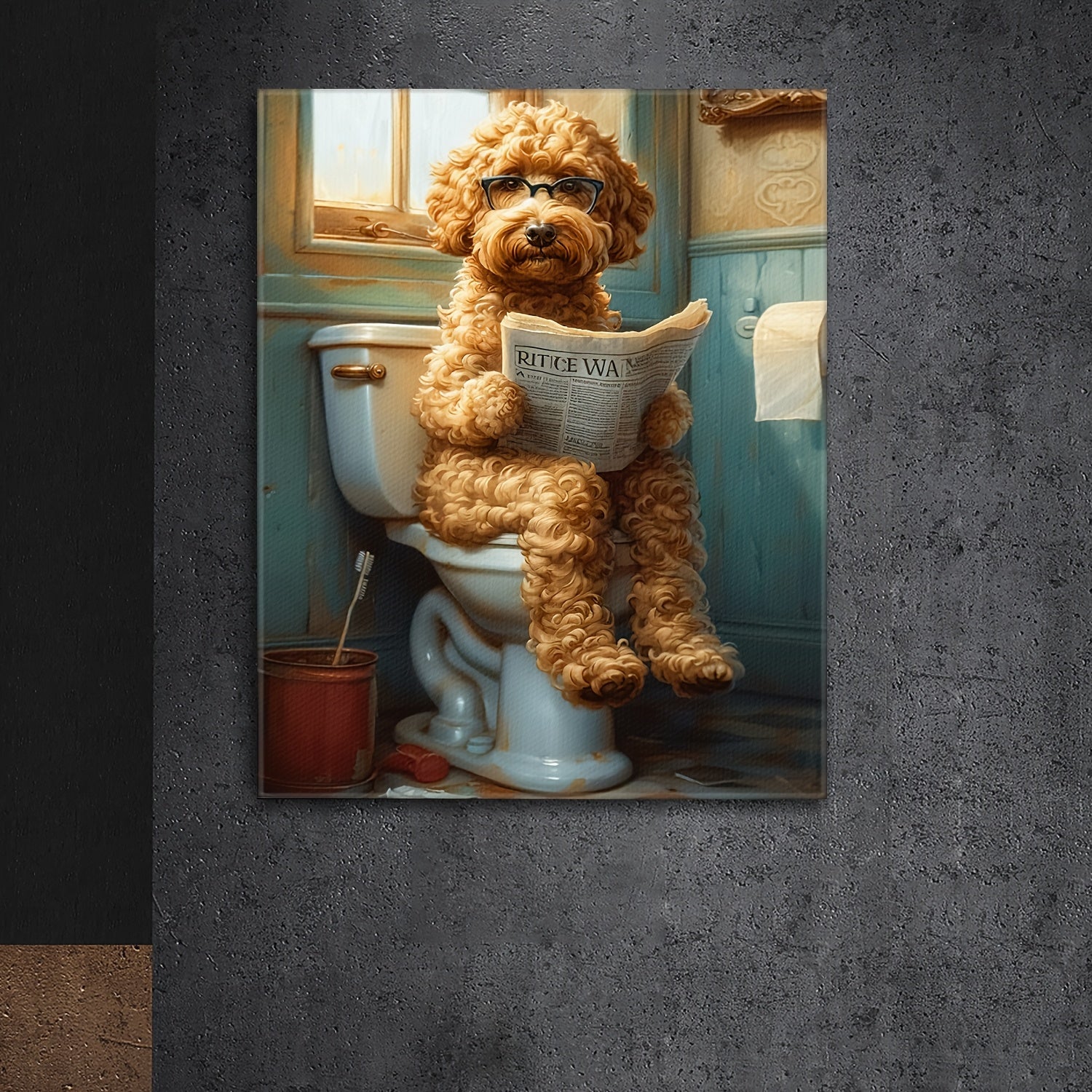Whimsy Quirky Canvas Wall Art - Wood Frame Print, Humorous Dog on Toilet Reading Newspaper