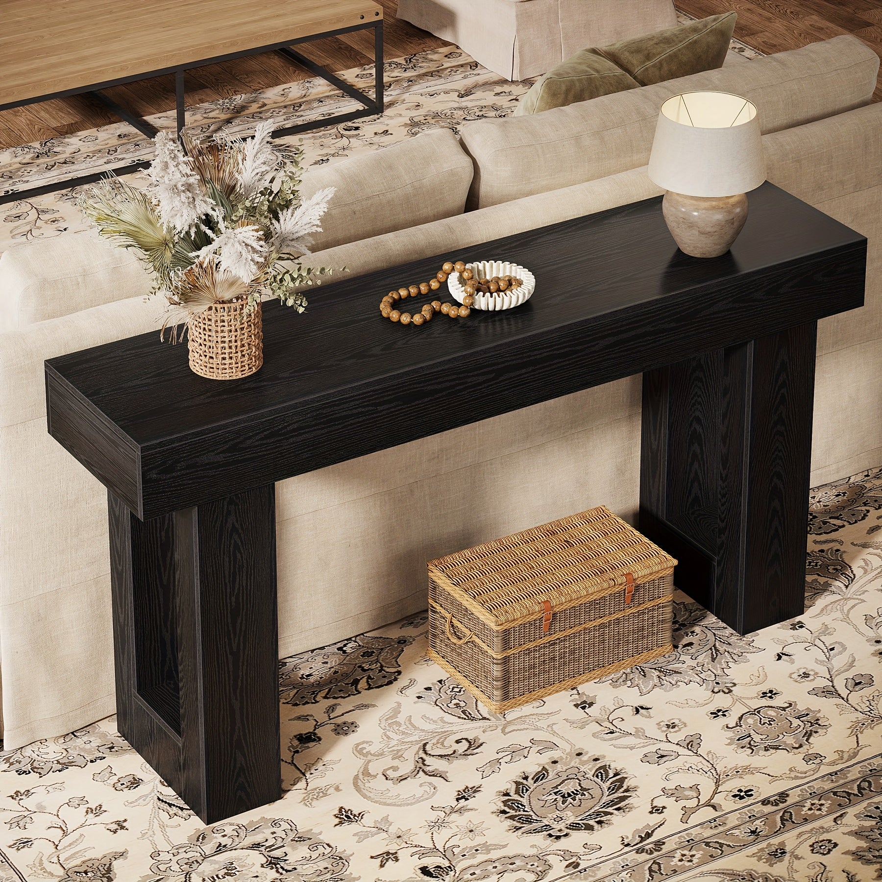63-Inch Solid Hardwood Console Table - Contemporary Farmhouse Sofa Table with Engineered Wood Top, Space-Saving