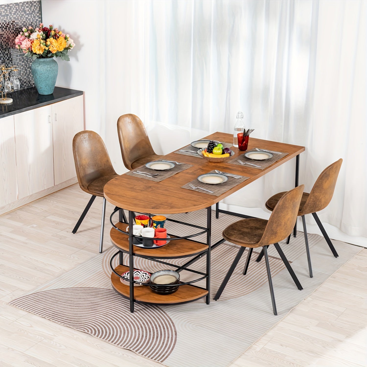 5 Piece Dining Set, 70" Dining Table With 4 Dining Chairs With Swivel Seats, Mid-Century Modern Dining Set With Metal Frame For Small Space, Brown/Beige
